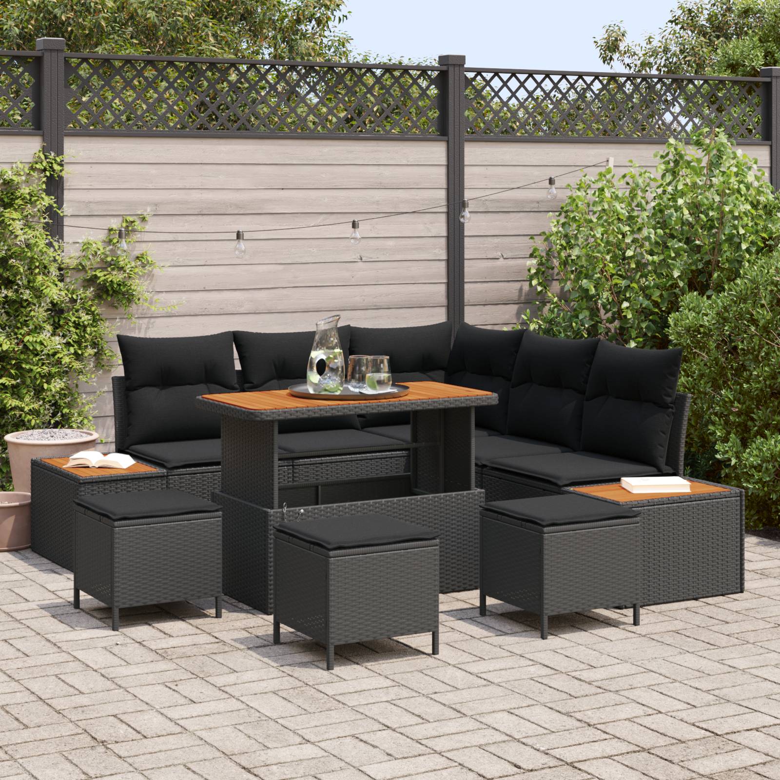 vidaXL 9-teiliges Garten-Sofa-Set mit Kissen Schwarz Poly Rattan Akazie