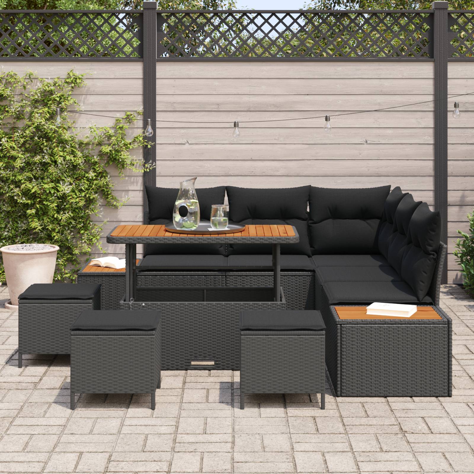 vidaXL 9-teiliges Garten-Sofa-Set mit Kissen Schwarz Poly Rattan Akazie