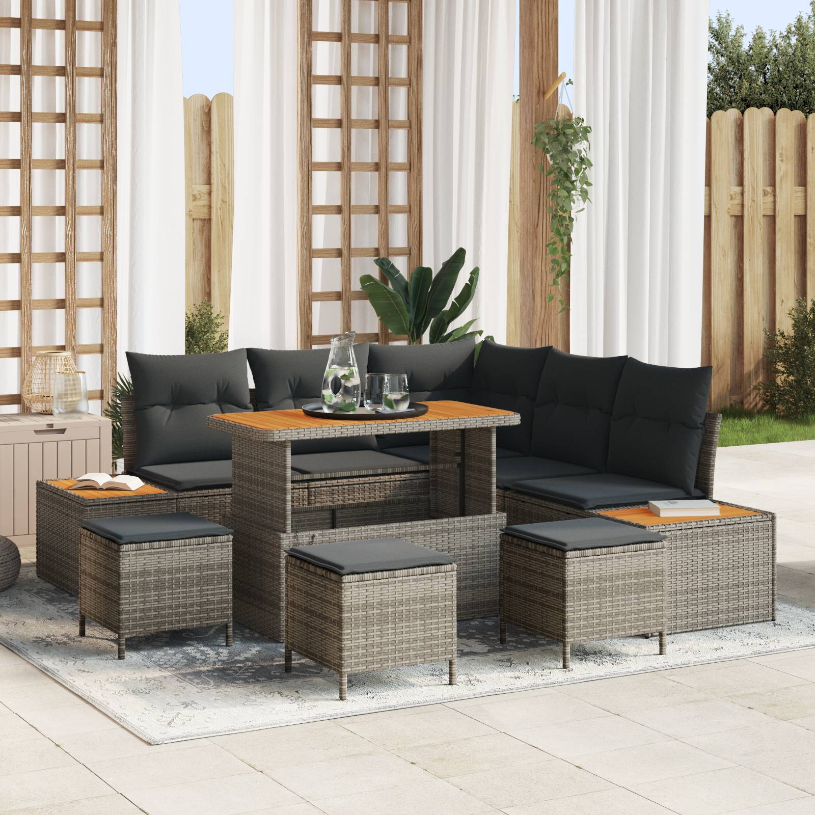 vidaXL 9-teiliges Garten Sofa Set mit Kissen Grau Poly-Rattan Akazie