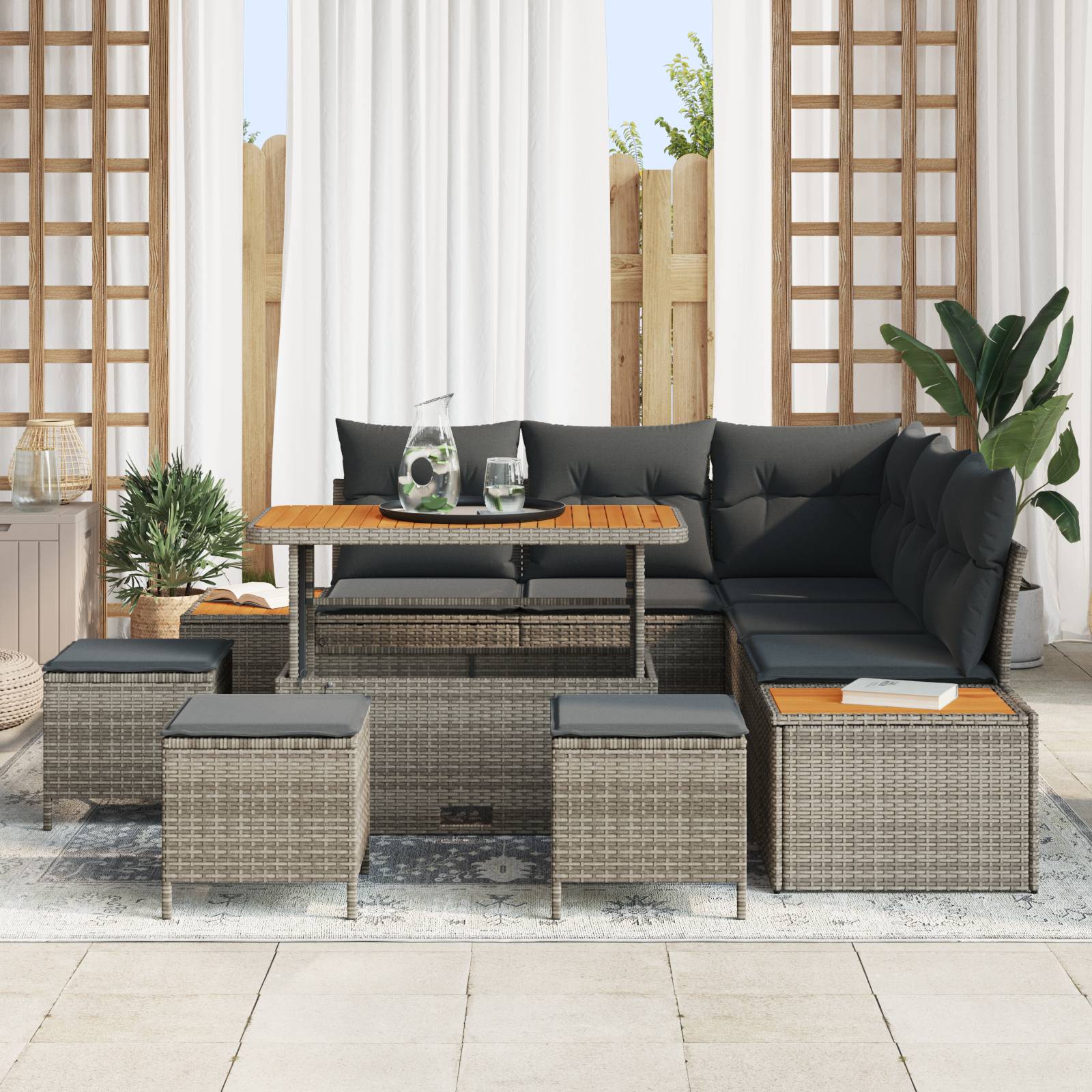 vidaXL 9-teiliges Garten Sofa Set mit Kissen Grau Poly-Rattan Akazie