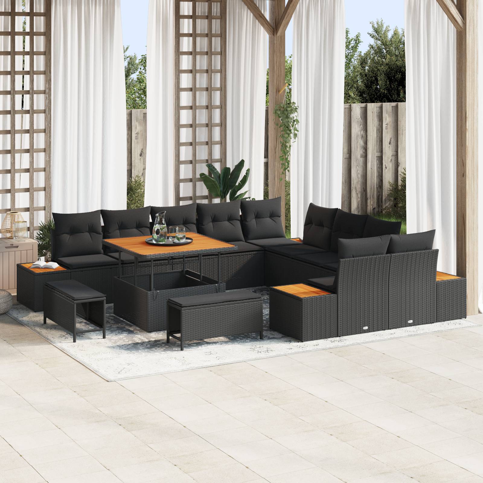 vidaXL 13-teiliges Garten Sofa Set mit Kissen Schwarz Poly Rattan Akazie