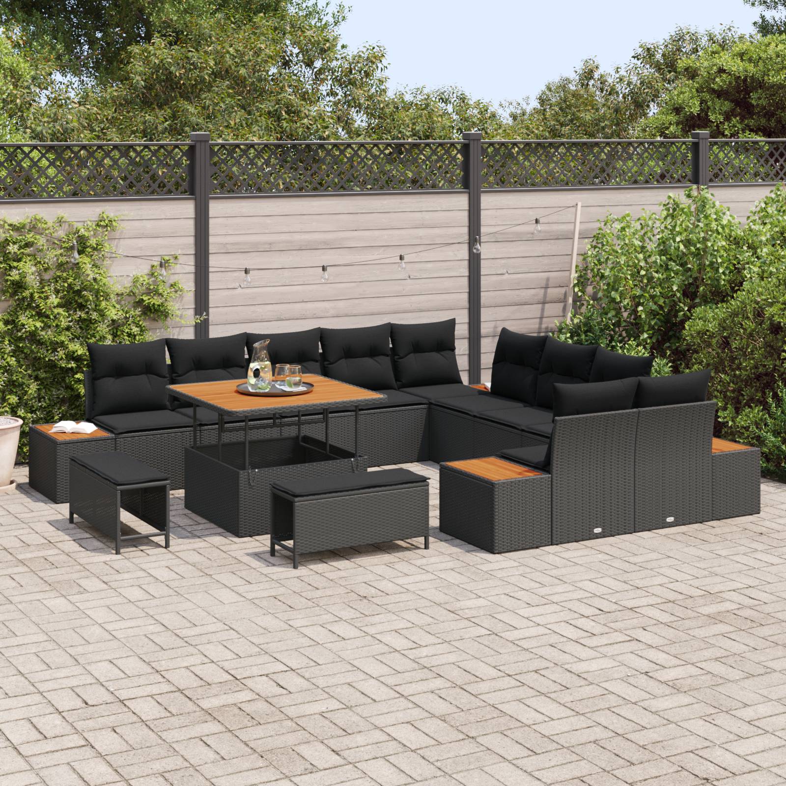 vidaXL 13-teiliges Garten Sofa Set mit Kissen Schwarz Poly Rattan Akazie