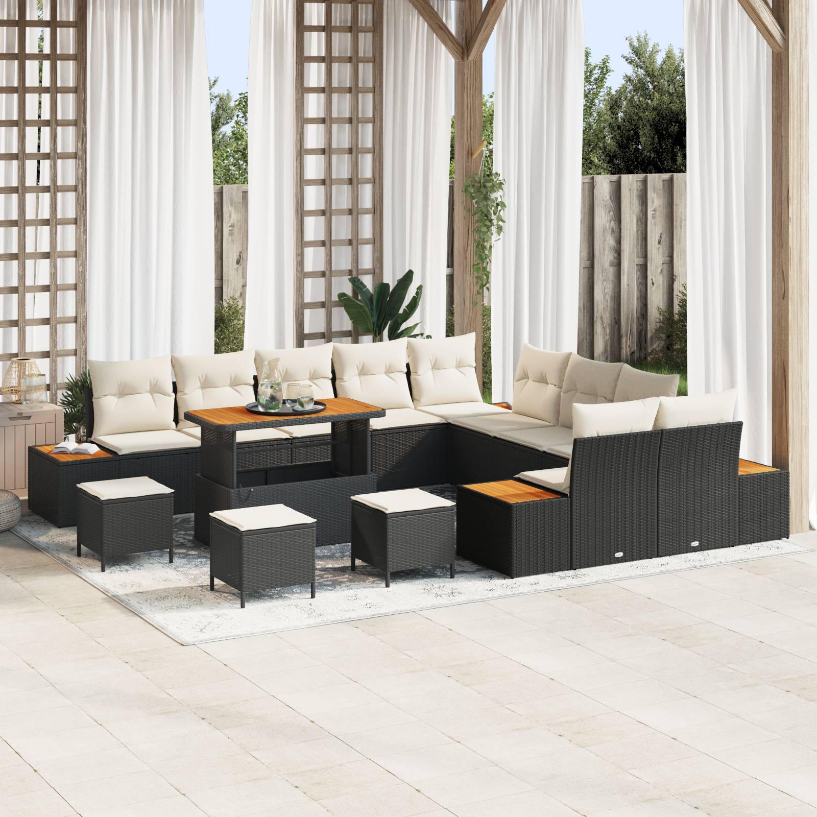 vidaXL 14-teiliges Garten Sofa Set mit Kissen Schwarz Poly Rattan Akazie