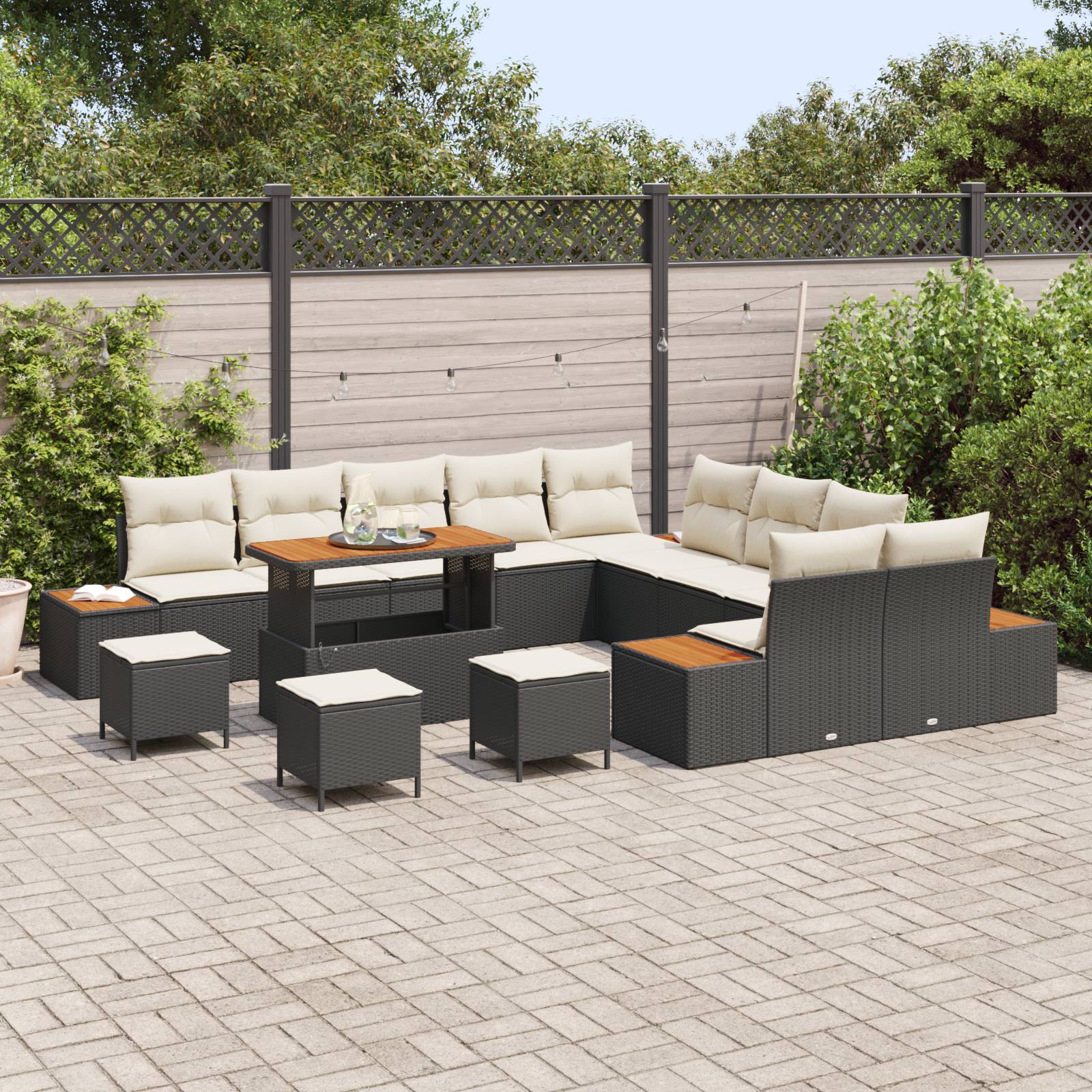 vidaXL 14-teiliges Garten Sofa Set mit Kissen Schwarz Poly Rattan Akazie