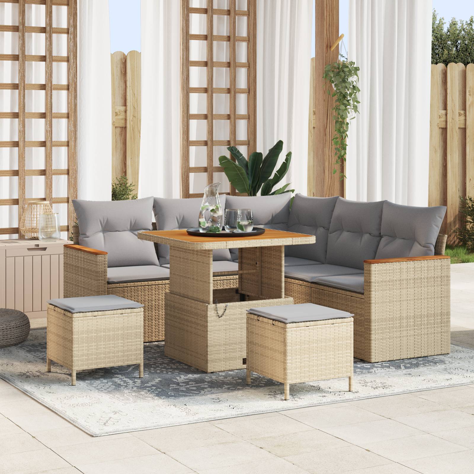 vidaXL 8-tlg. Garten-Sofagarnitur mit Kissen Beige Poly Rattan Akazie
