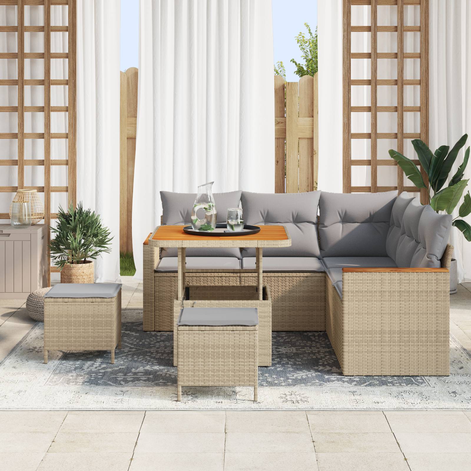 vidaXL 8-tlg. Garten-Sofagarnitur mit Kissen Beige Poly Rattan Akazie