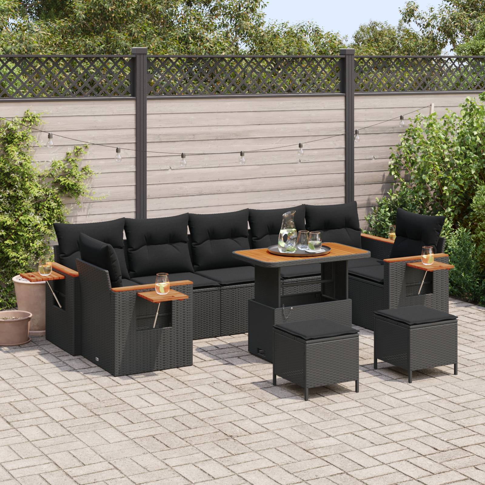 vidaXL 10-teiliges Garten Sofa Set mit Kissen Schwarz Poly Rattan Akazie