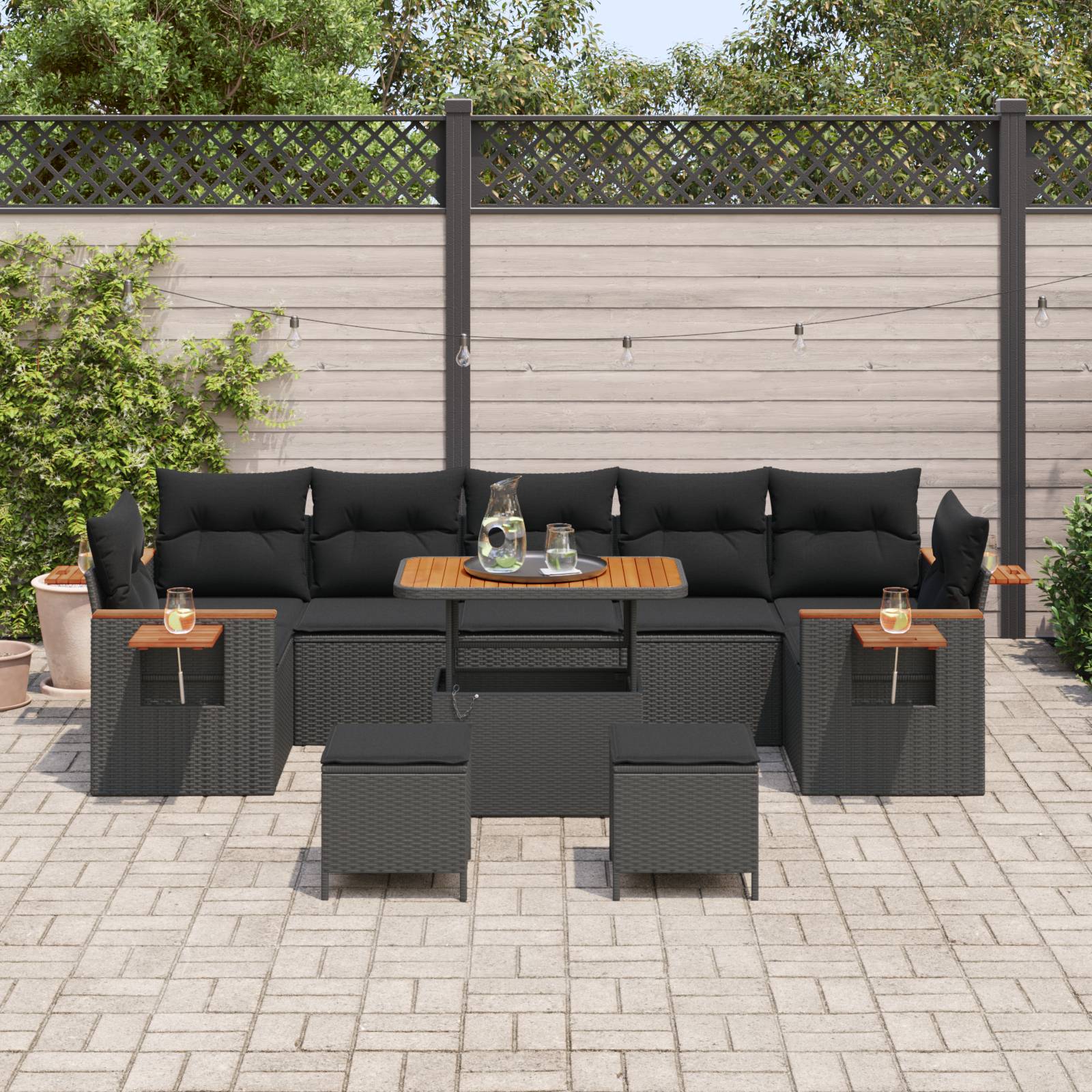 vidaXL 10-teiliges Garten Sofa Set mit Kissen Schwarz Poly Rattan Akazie
