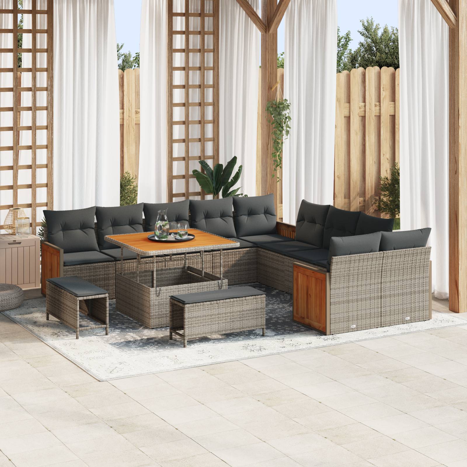 vidaXL 13-teiliges Garten-Sofa-Set mit Kissen Grau Poly-Rattan Akazie