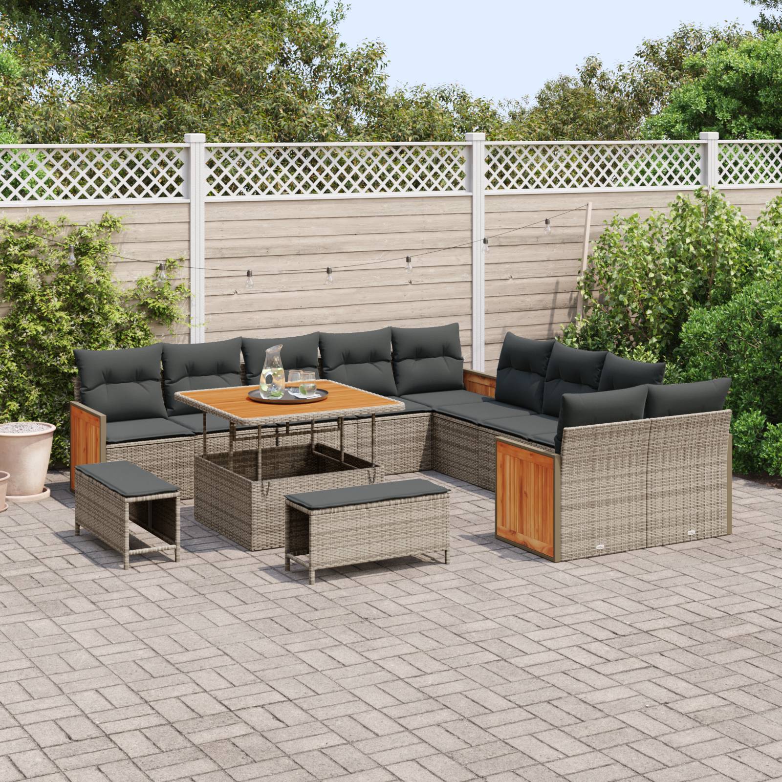 vidaXL 13-teiliges Garten-Sofa-Set mit Kissen Grau Poly-Rattan Akazie