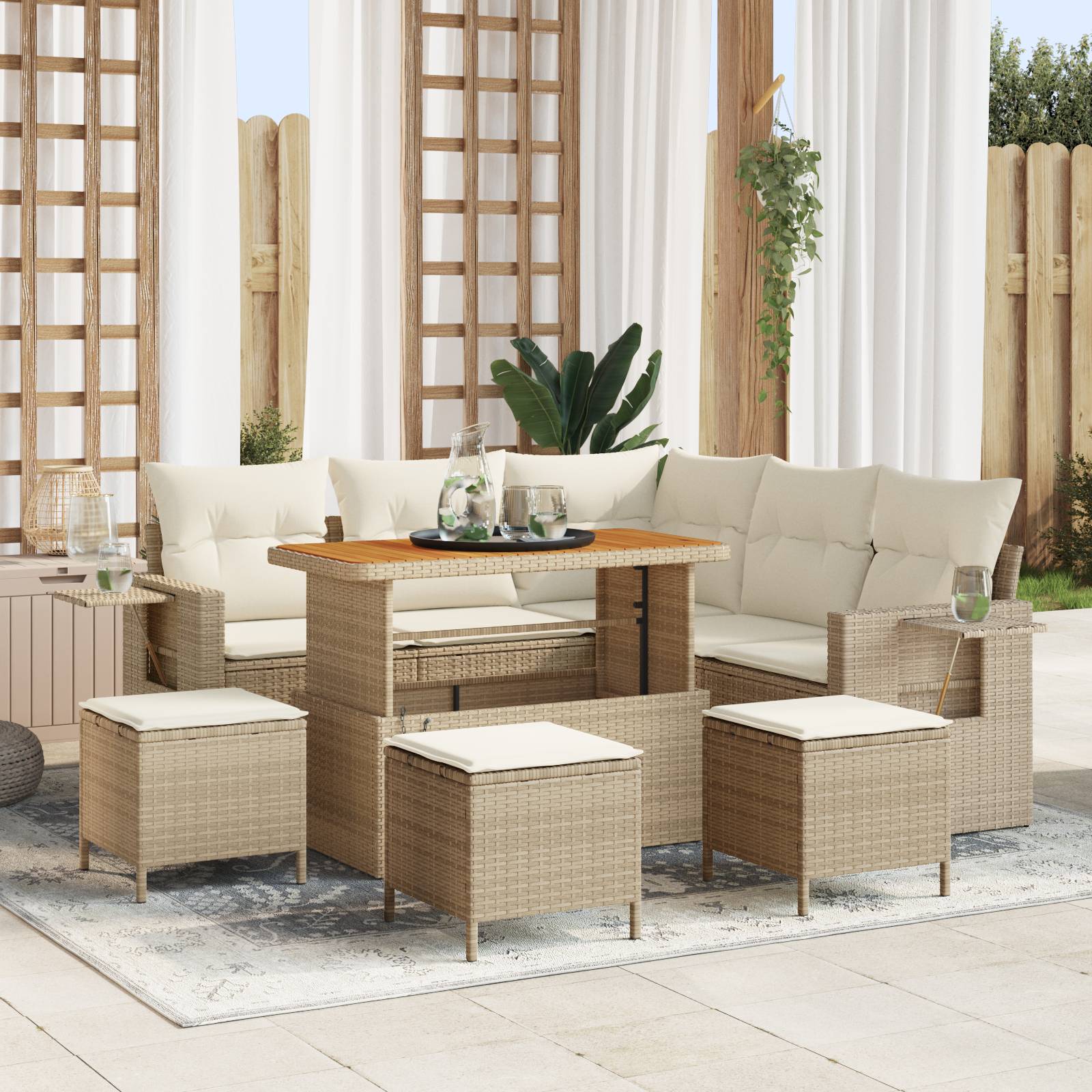 vidaXL 9-tlg. Garten-Sofagarnitur mit Kissen Beige Poly Rattan Akazie