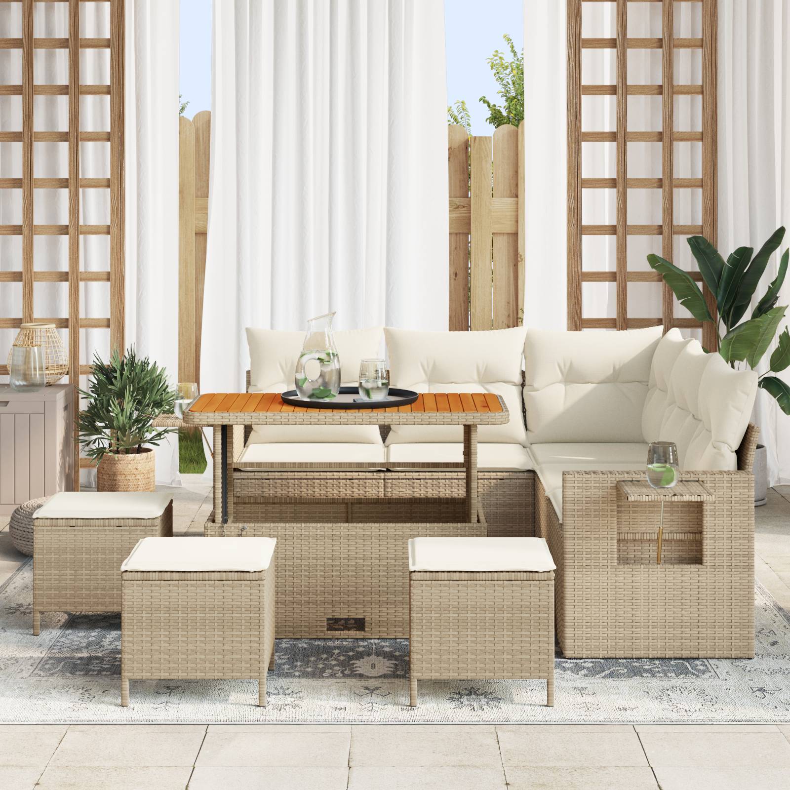 vidaXL 9-tlg. Garten-Sofagarnitur mit Kissen Beige Poly Rattan Akazie