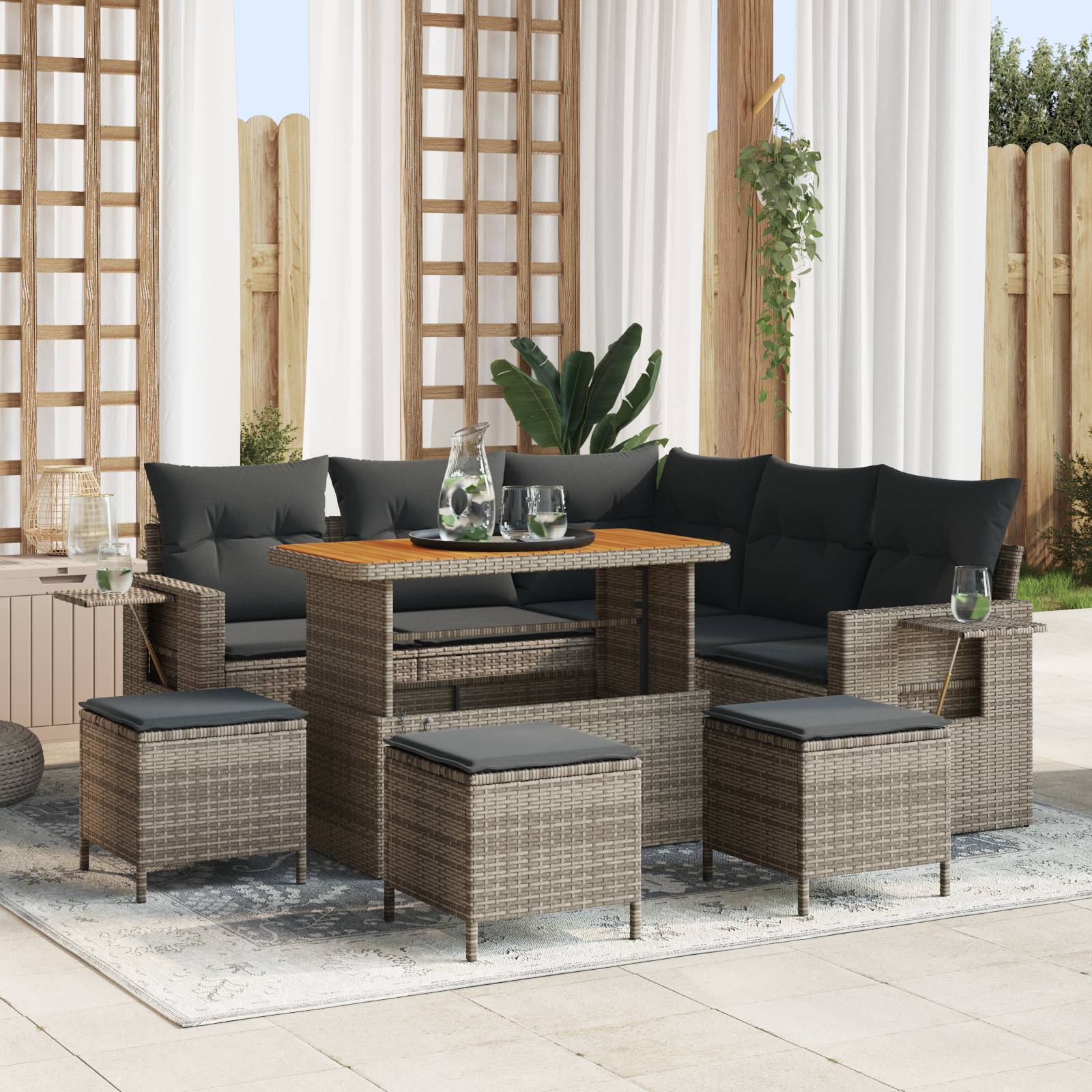 vidaXL 9-tlg. Garten-Sofagarnitur mit Kissen Grau Poly Rattan Akazie