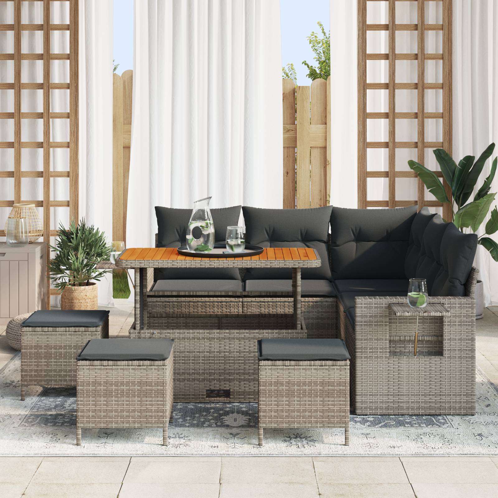 vidaXL 9-tlg. Garten-Sofagarnitur mit Kissen Grau Poly Rattan Akazie