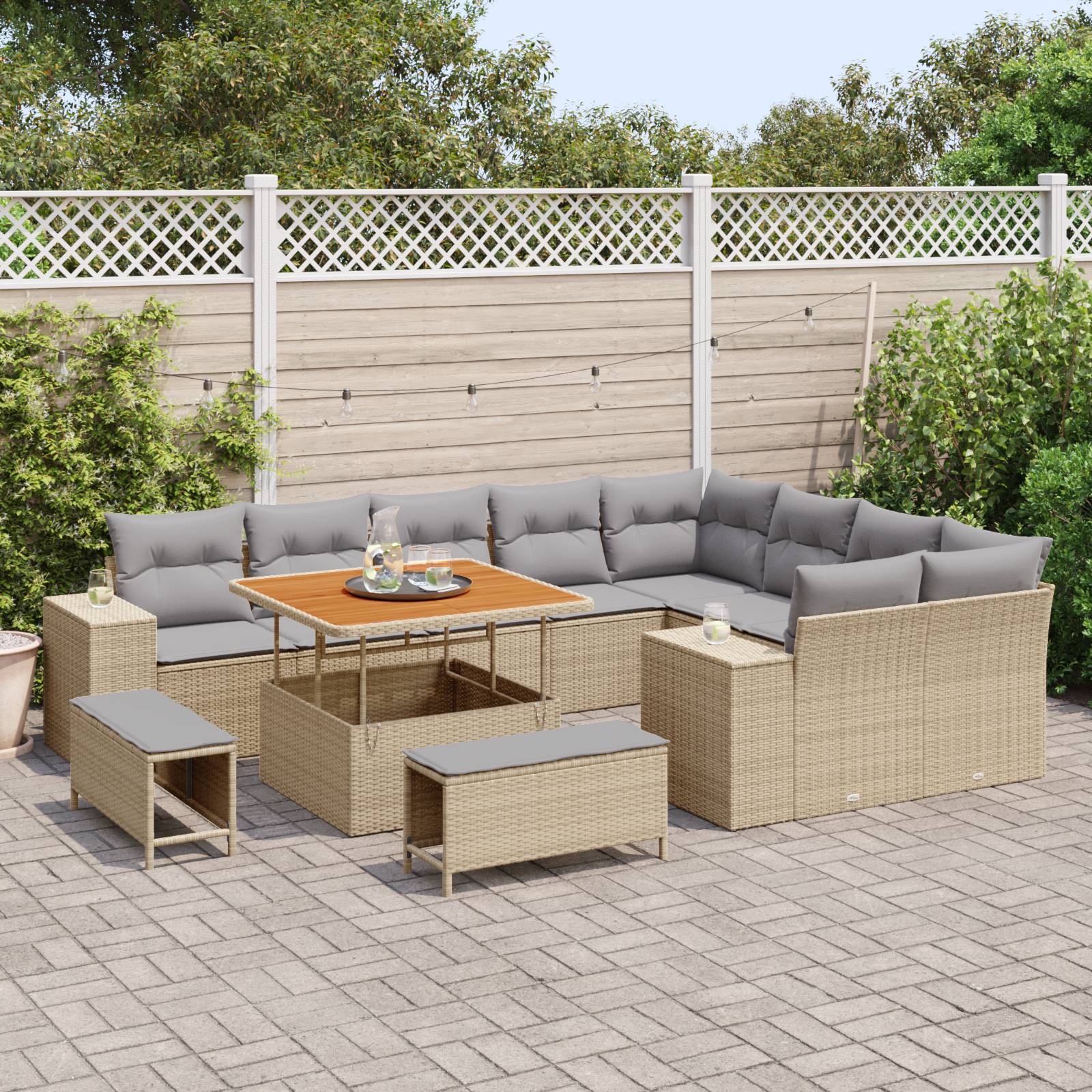 vidaXL 12-teiliges Garten Sofa Set mit Kissen Beige Poly Rattan Akazie