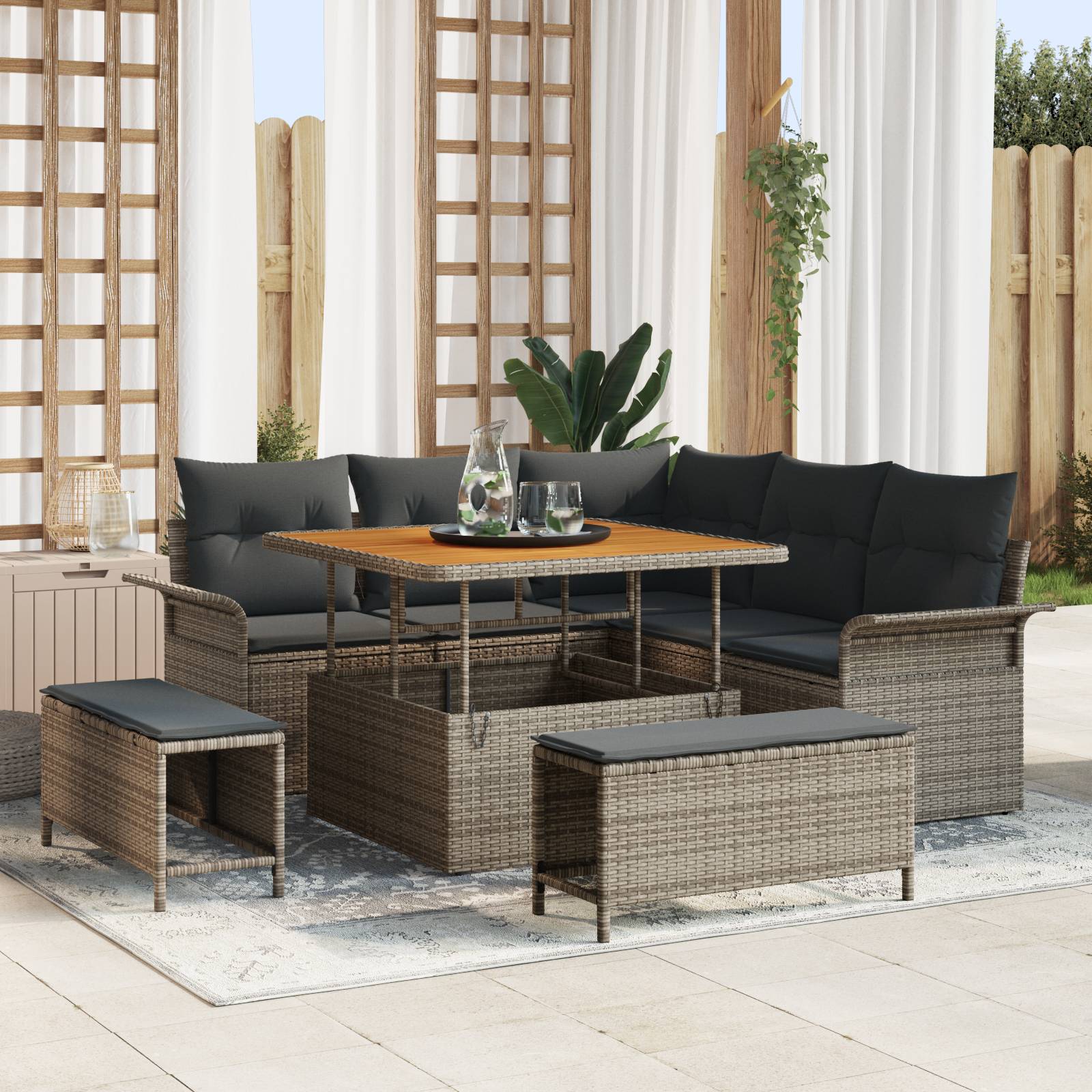 vidaXL 8-teiliges Garten Sofa Set mit Kissen Grau Poly Rattan Akazie