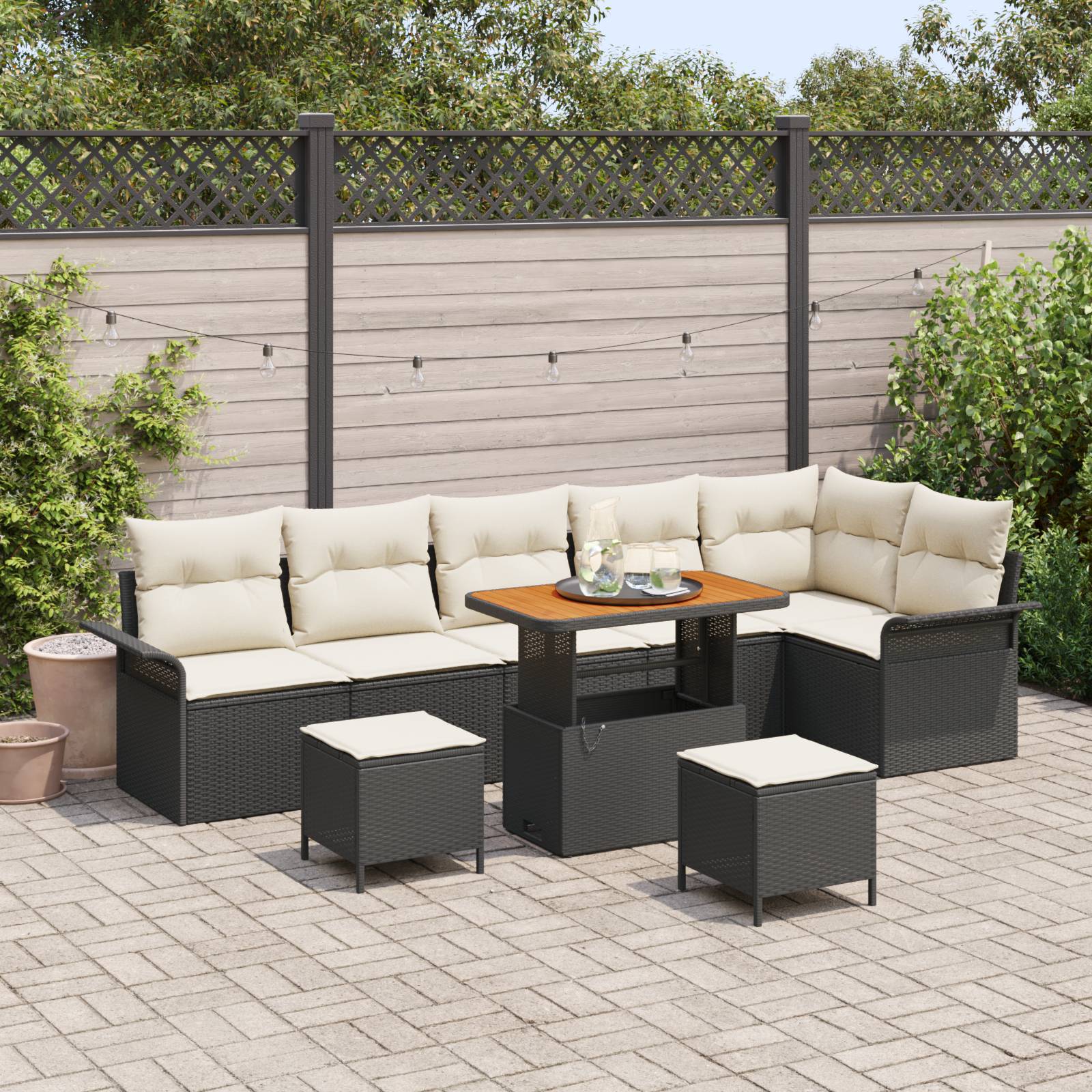 vidaXL 9-teiliges Garten Sofa Set mit Kissen Schwarz Poly Rattan Akazie