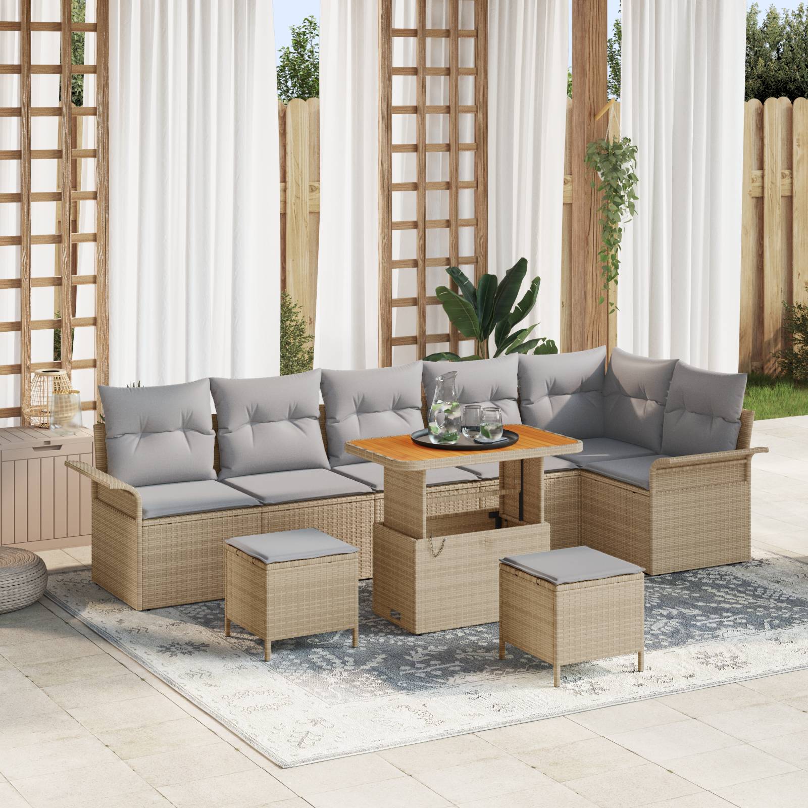 vidaXL 9-teiliges Garten-Sofa-Set mit Kissen Beige Poly Rattan Akazie