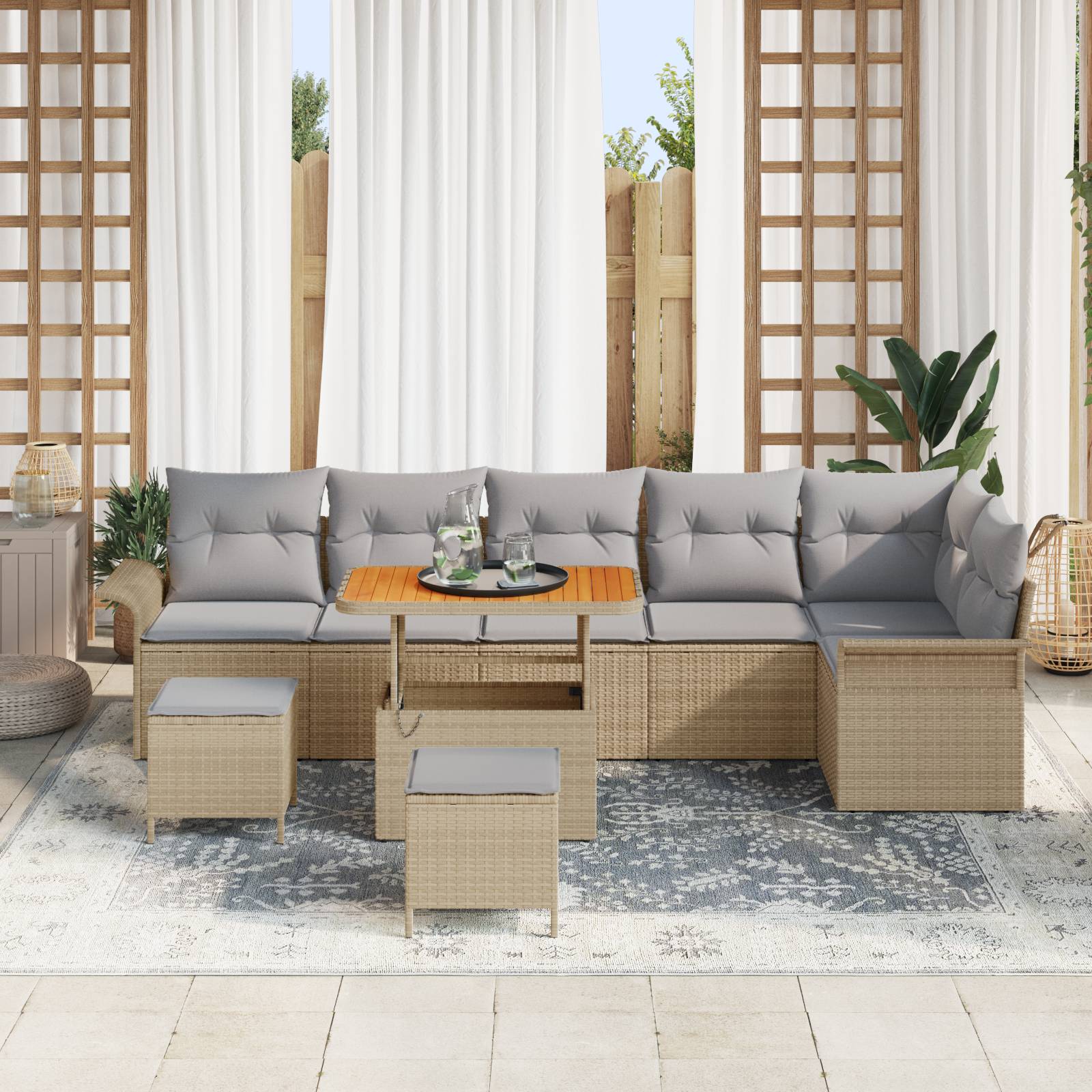 vidaXL 9-teiliges Garten-Sofa-Set mit Kissen Beige Poly Rattan Akazie