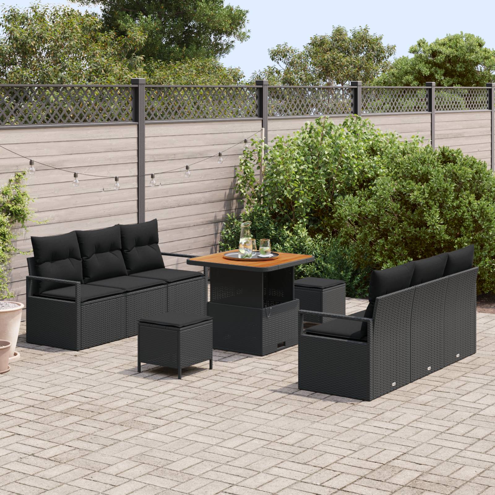 vidaXL 9-teiliges Garten-Sofa-Set mit Kissen Schwarz Poly Rattan Akazie