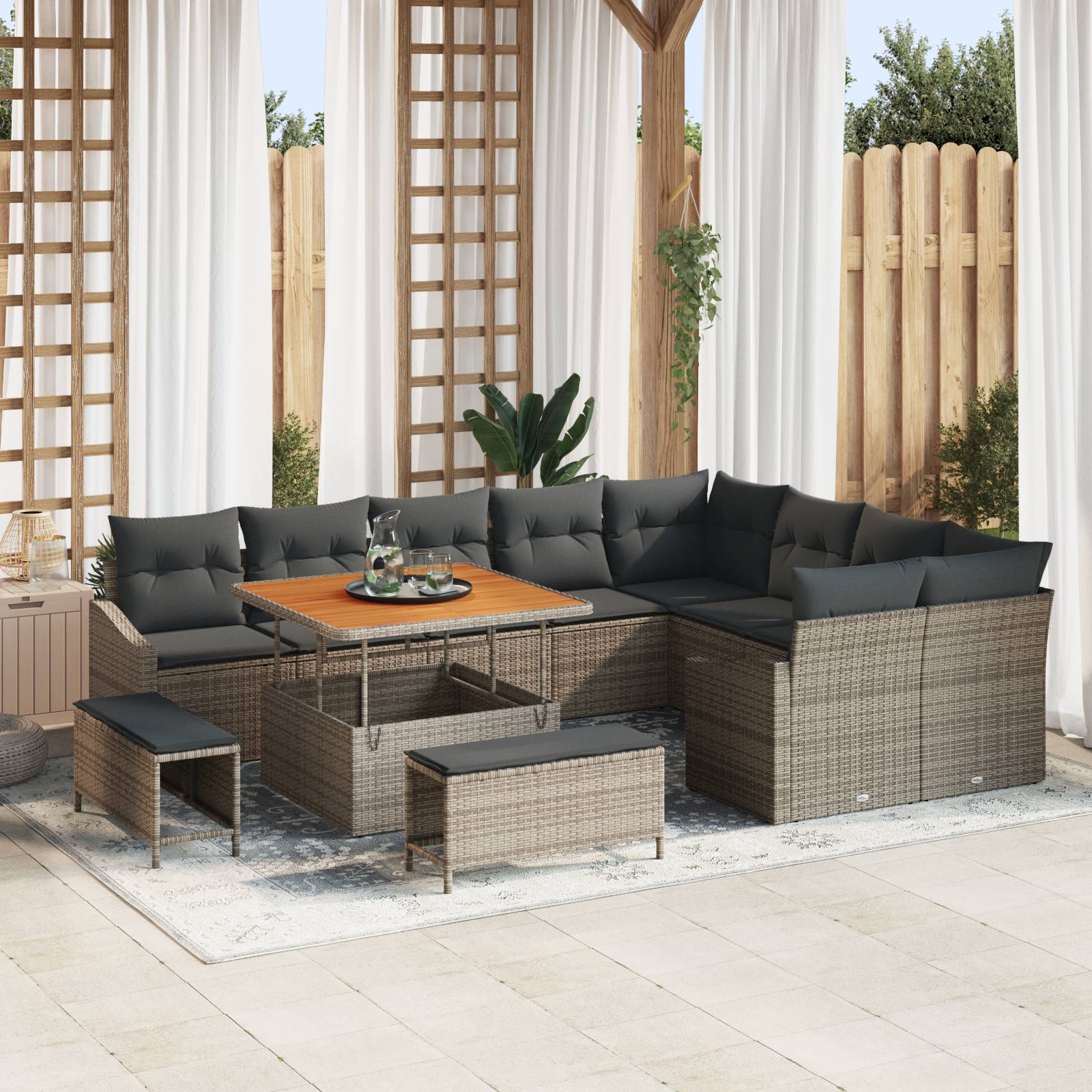 vidaXL 12-teiliges Garten Sofa Set mit Kissen Grau Poly Rattan Akazie