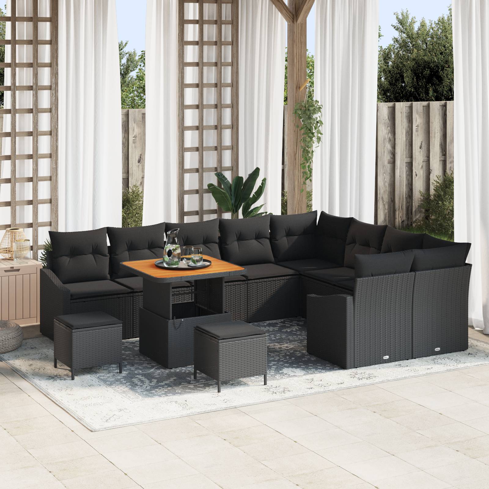 vidaXL 12-teilige Gartensofa Set mit Kissen Schwarz Poly-Rattan