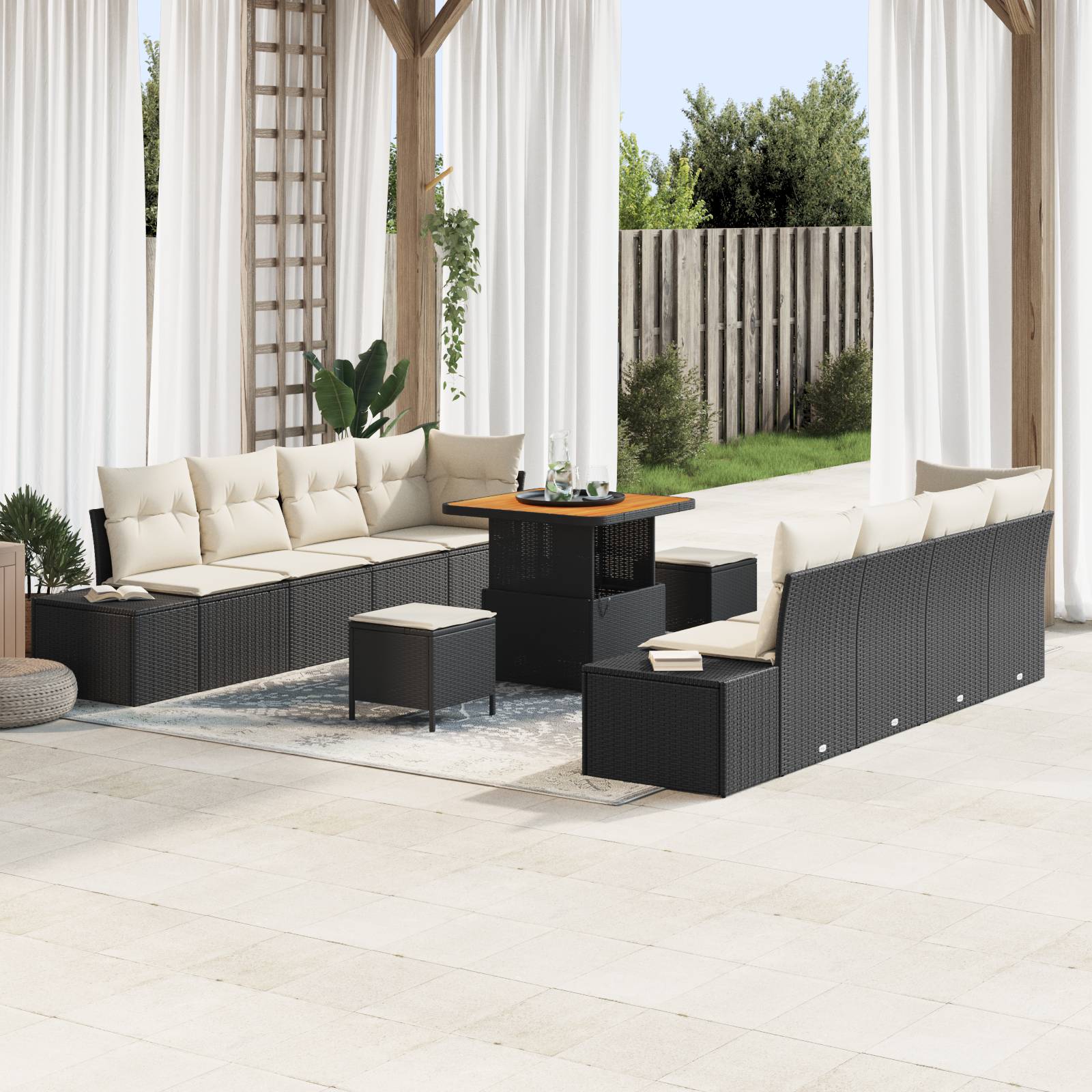 vidaXL 11-teiliges Garten Sofa Set mit Kissen Schwarz Poly Rattan Akazie