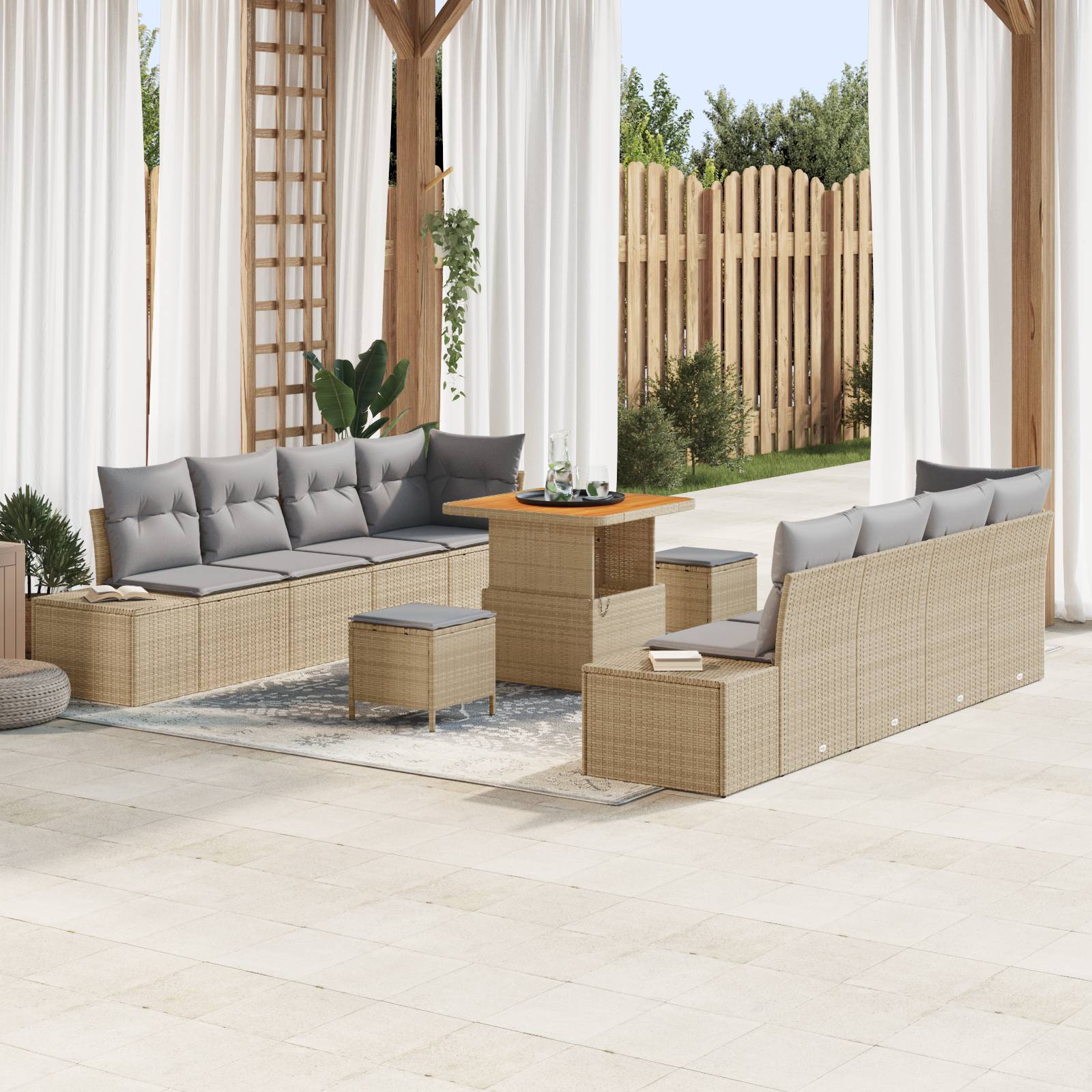vidaXL 11-teiliges Garten-Sofa-Set mit Kissen Beige Poly-Rattan Akazie
