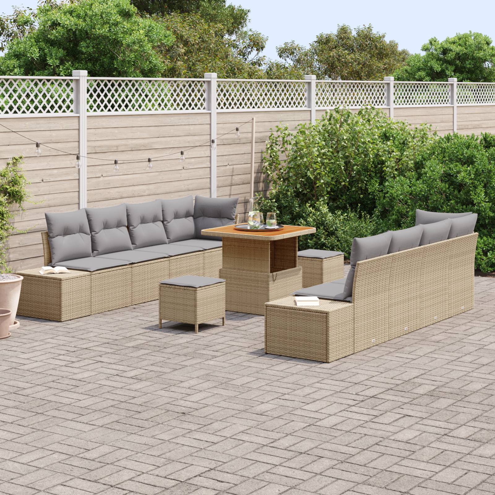 vidaXL 11-teiliges Garten-Sofa-Set mit Kissen Beige Poly-Rattan Akazie