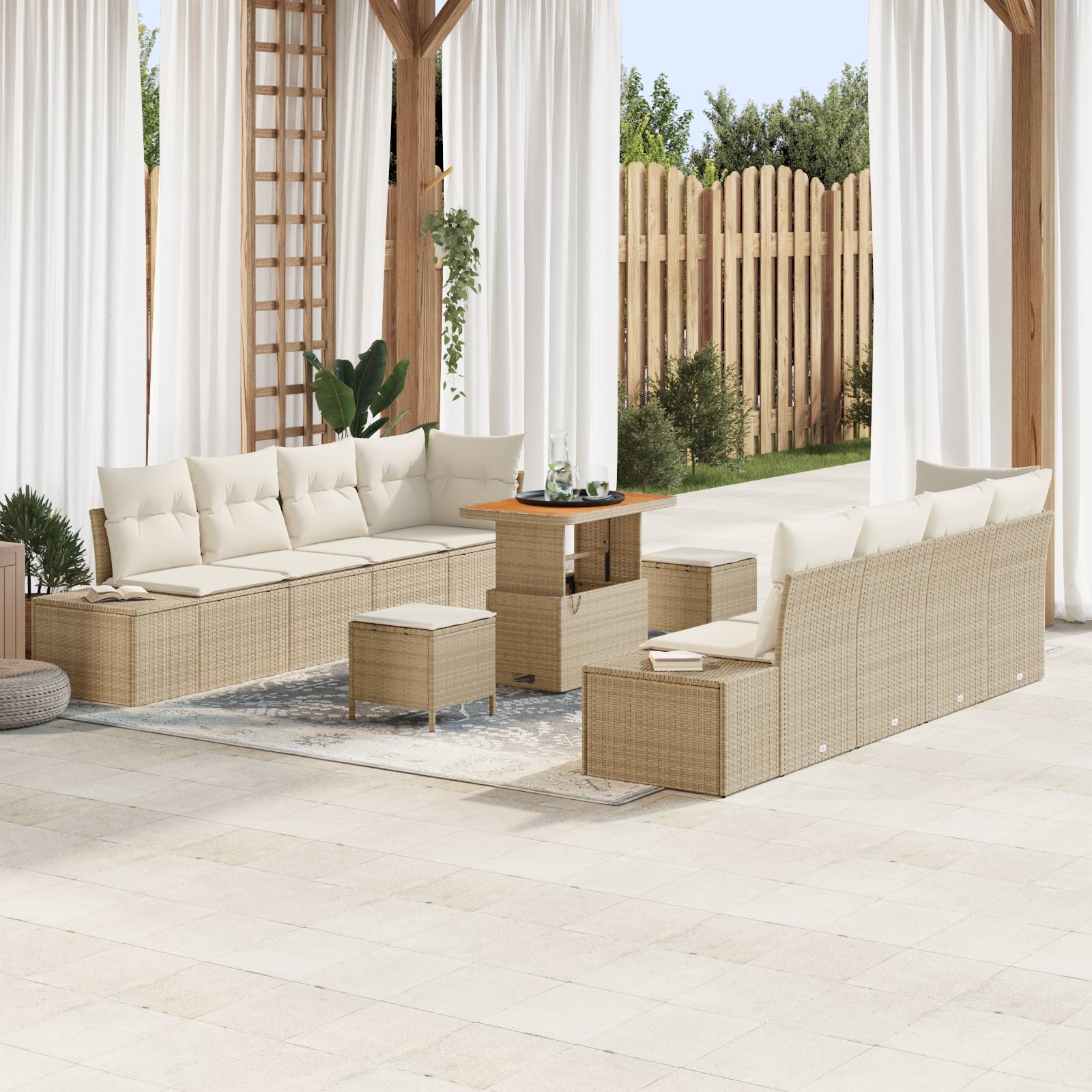 vidaXL 11-teiliges Garten-Sofa-Set mit Kissen Beige Poly Rattan Akazie