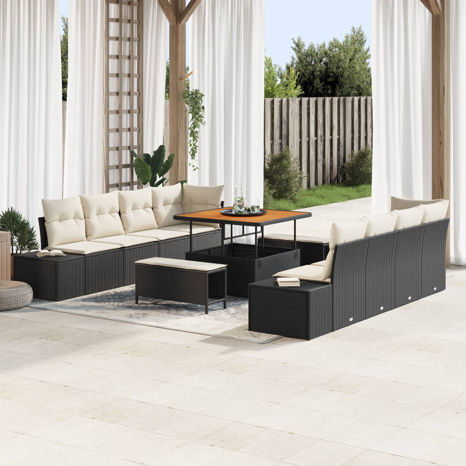 vidaXL 11-teiliges Garten-Sofa-Set mit Kissen Schwarz Poly-Rattan Akazie