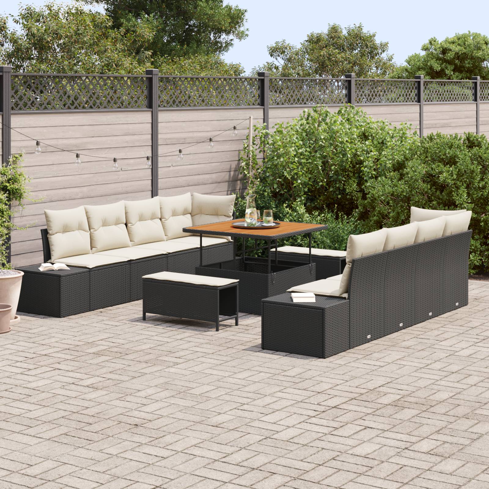 vidaXL 11-teiliges Garten-Sofa-Set mit Kissen Schwarz Poly-Rattan Akazie