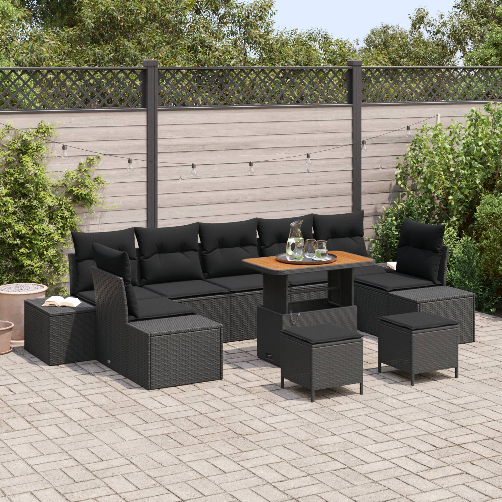vidaXL 10-teiliges Garten-Sofa-Set mit Kissen Schwarzes Poly Rattan Akazie
