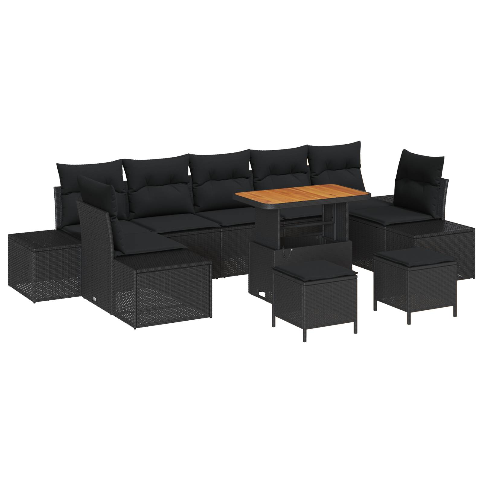vidaXL 10-teiliges Garten-Sofa-Set mit Kissen Schwarzes Poly Rattan Akazie