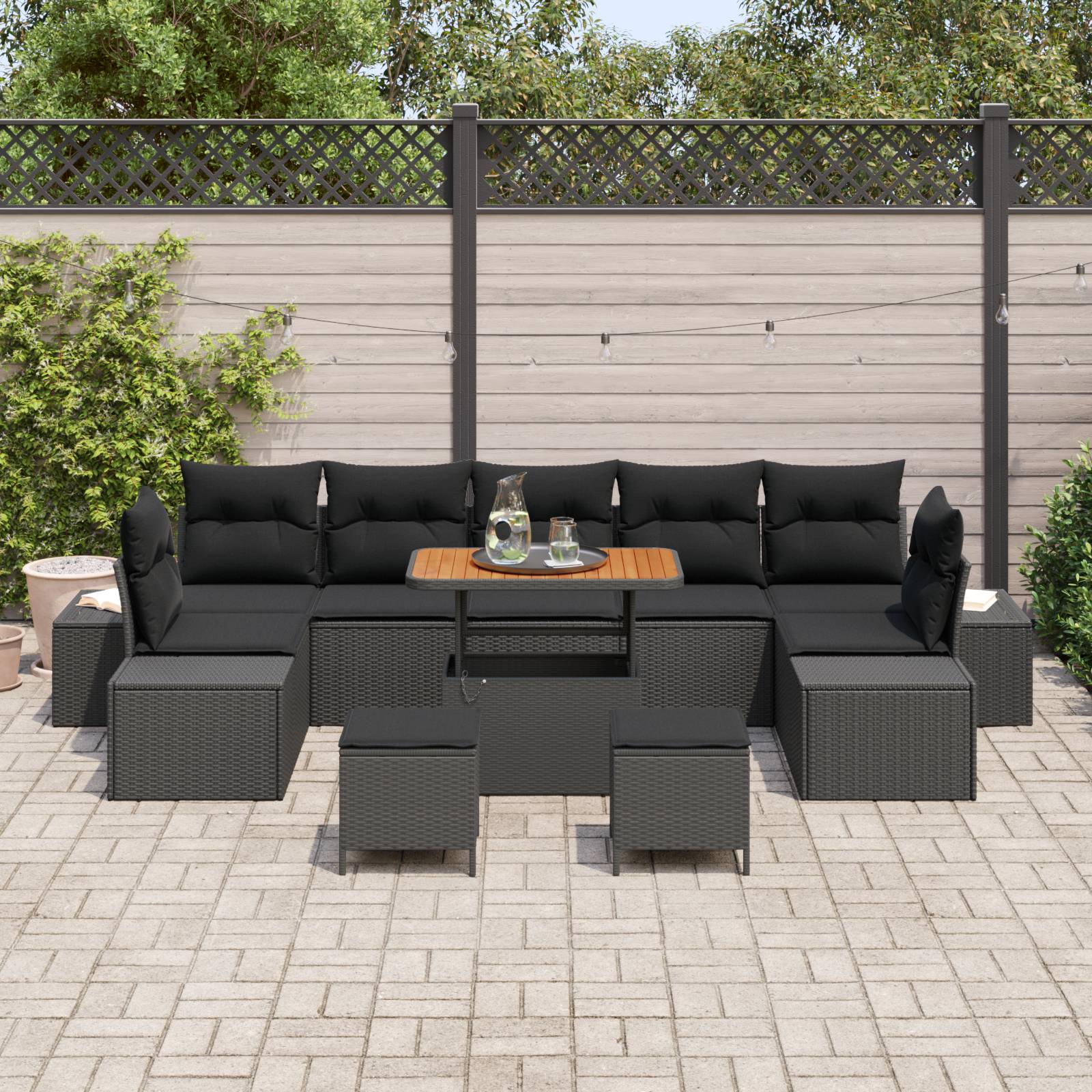 vidaXL 10-teiliges Garten-Sofa-Set mit Kissen Schwarzes Poly Rattan Akazie