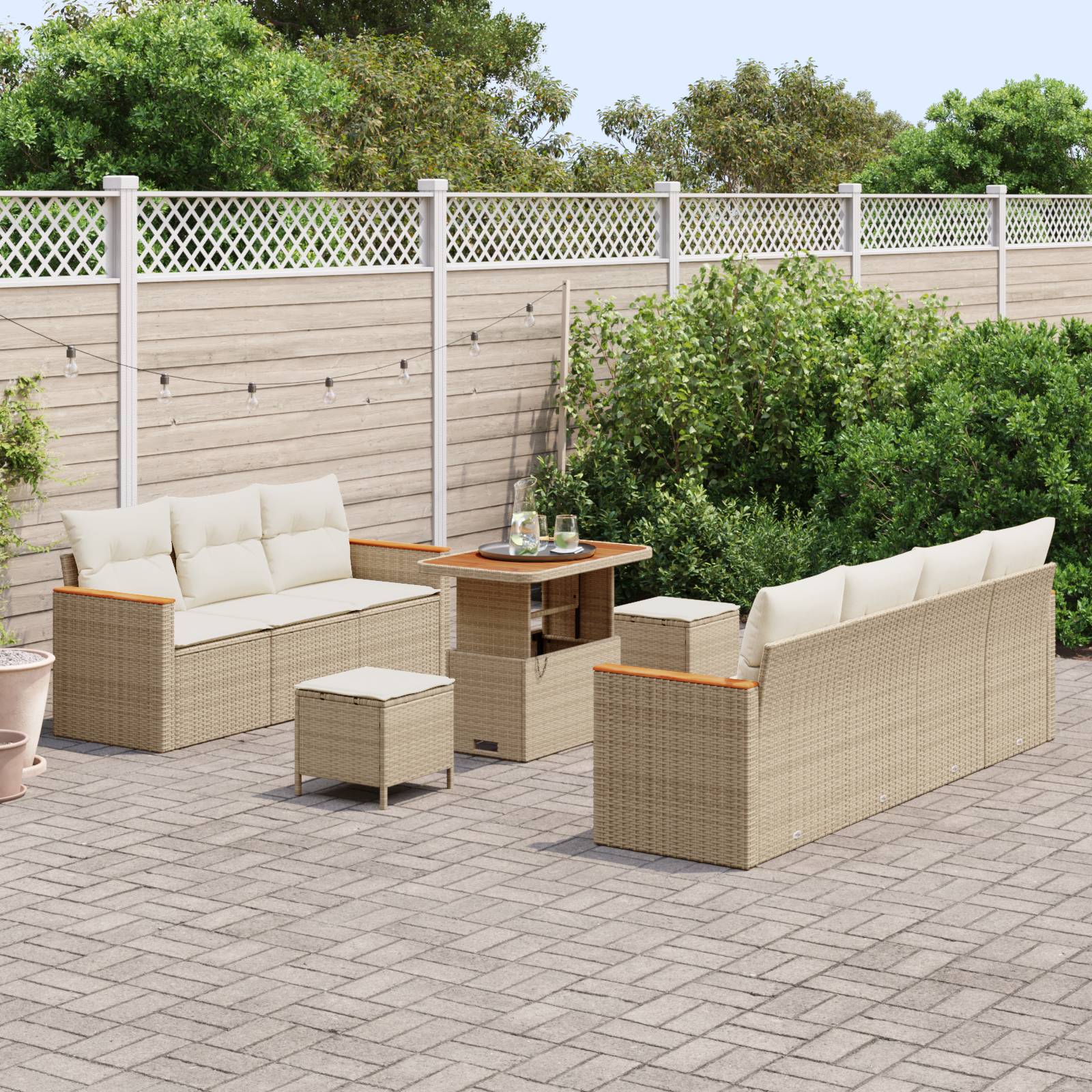 vidaXL 10-tlg. Garten-Sofagarnitur mit Kissen Beige Poly Rattan Akazie
