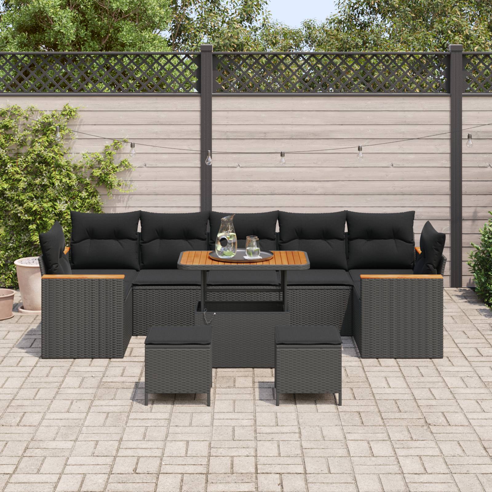 vidaXL 10-teiliges Garten Sofa Set mit Kissen Schwarz Poly Rattan Akazie