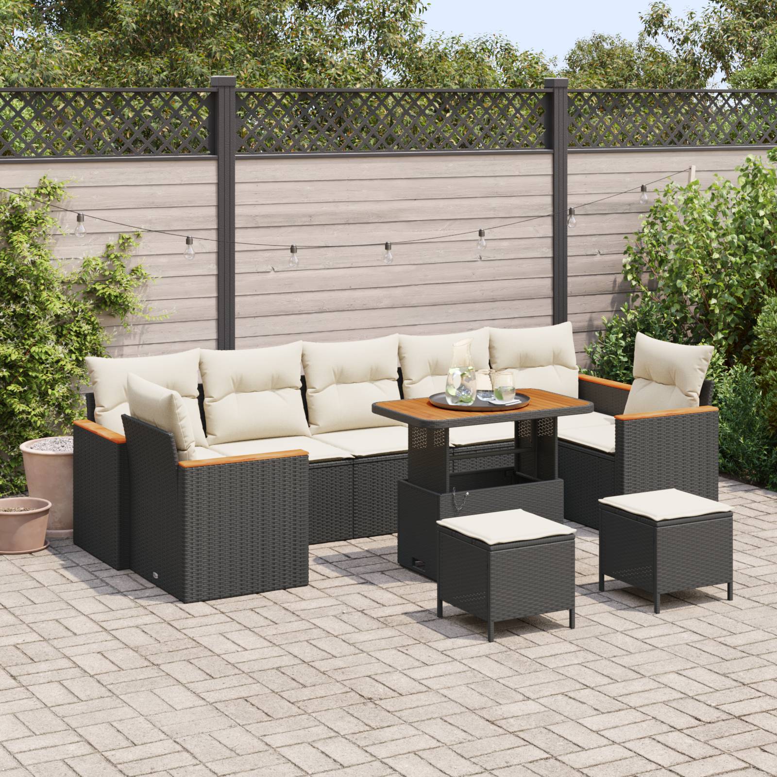 vidaXL 10-teiliges Garten-Sofa-Set mit Kissen in Schwarz Poly-Rattan Akazie
