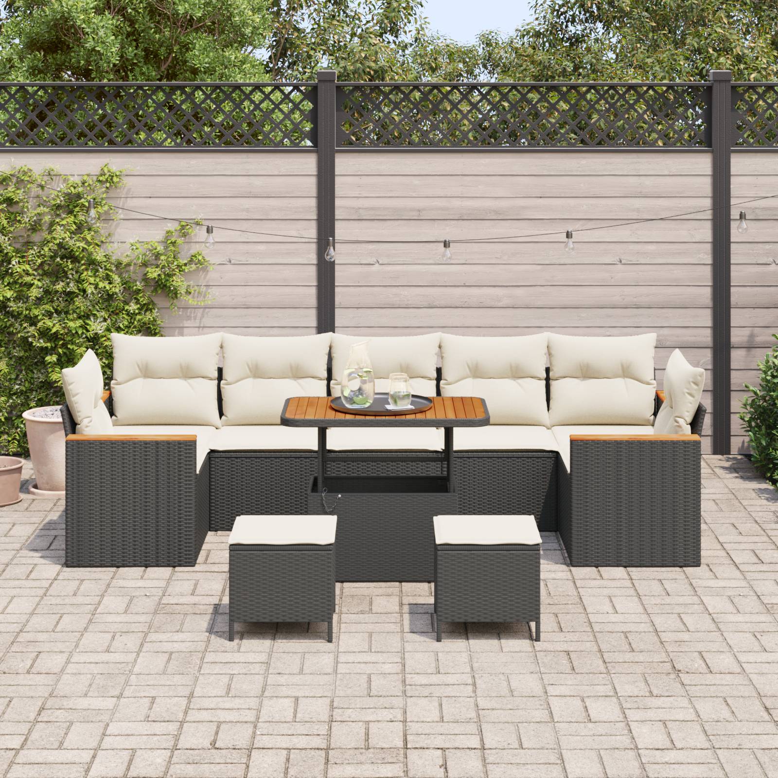 vidaXL 10-teiliges Garten-Sofa-Set mit Kissen in Schwarz Poly-Rattan Akazie