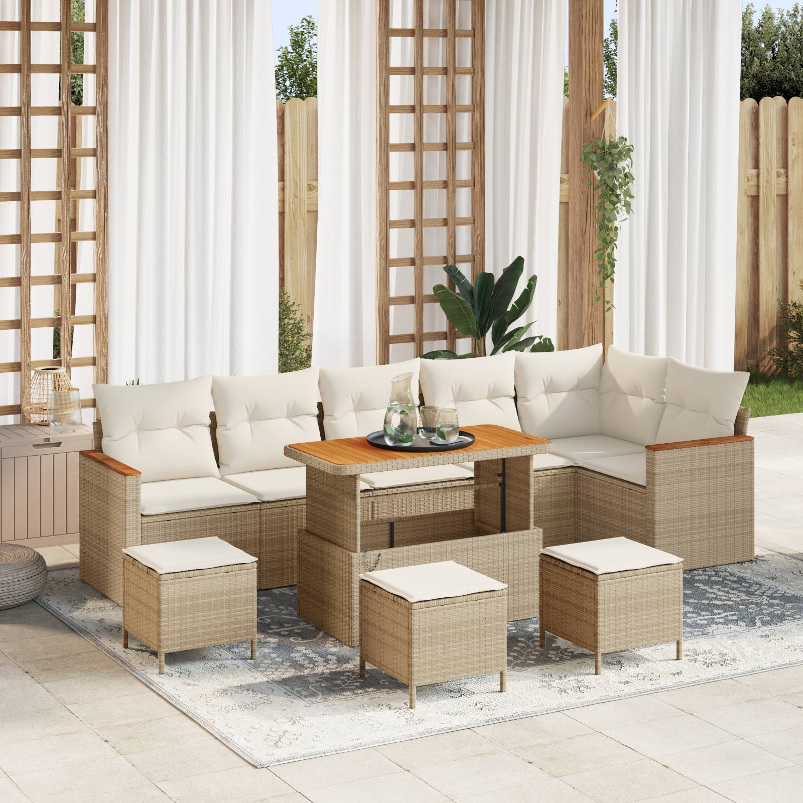 vidaXL 10-tlg. Garten-Sofagarnitur mit Kissen Beige Poly Rattan Akazie