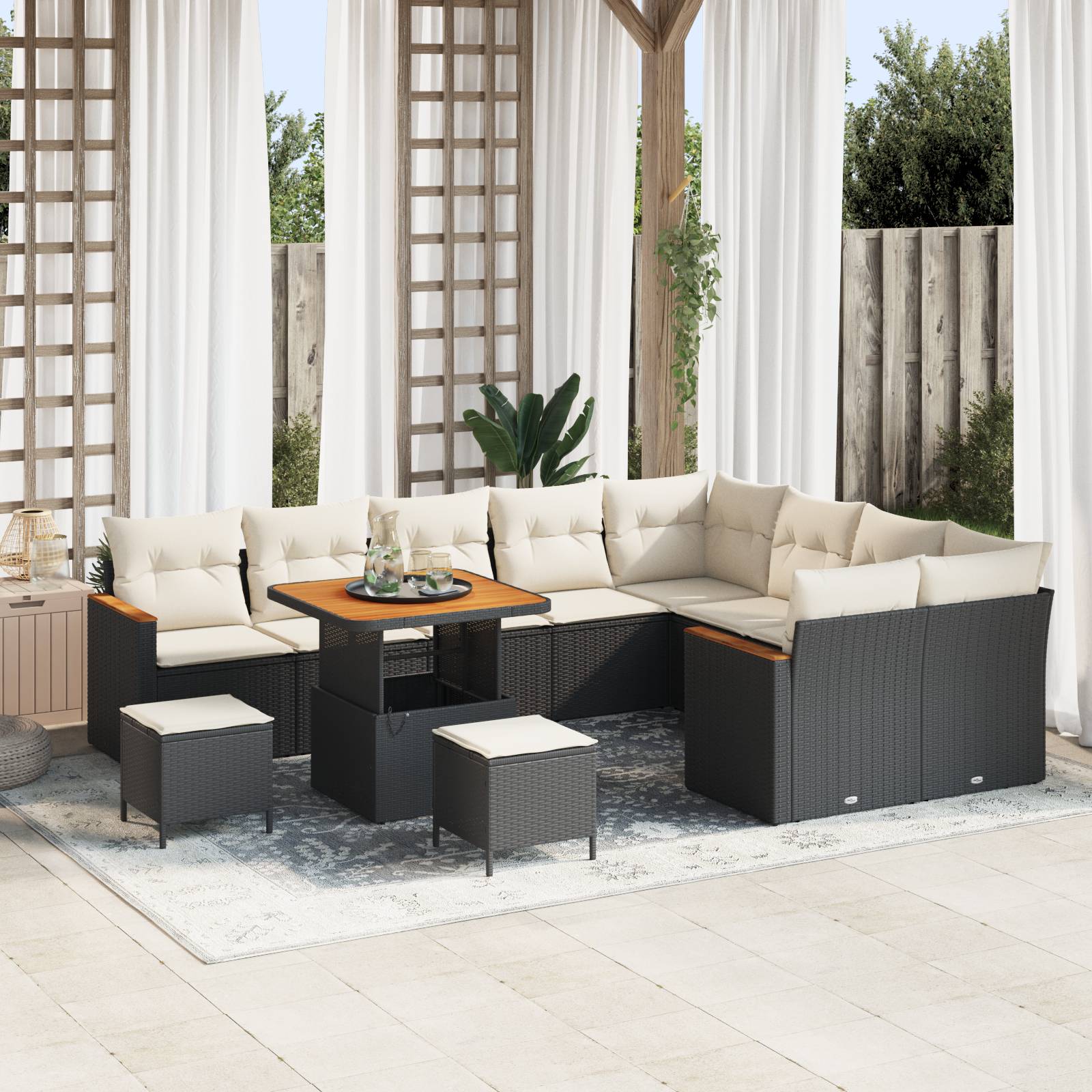 vidaXL 12-teiliges Garten-Sofa-Set mit Kissen Schwarz Poly-Rattan Akazie
