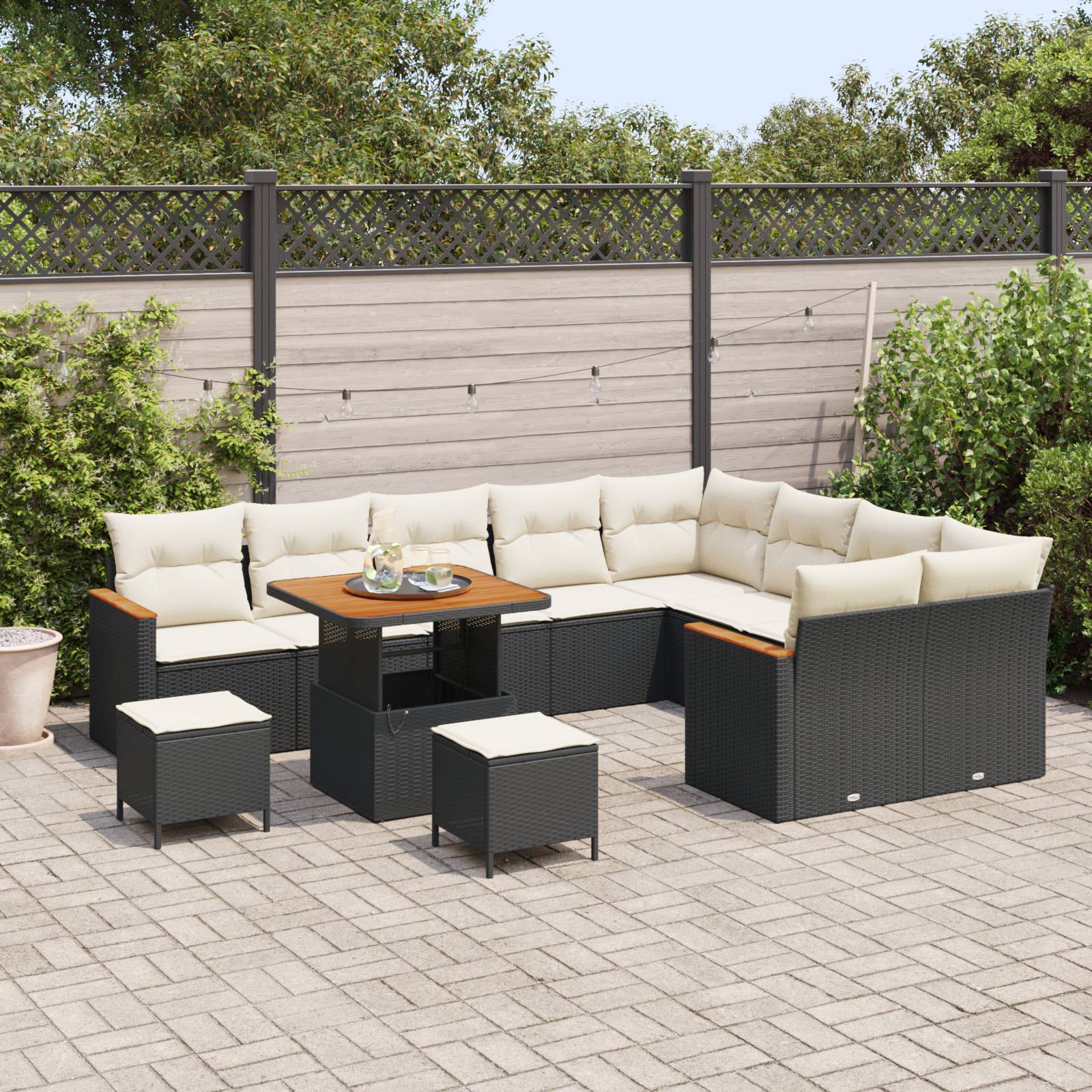 vidaXL 12-teiliges Garten-Sofa-Set mit Kissen Schwarz Poly-Rattan Akazie