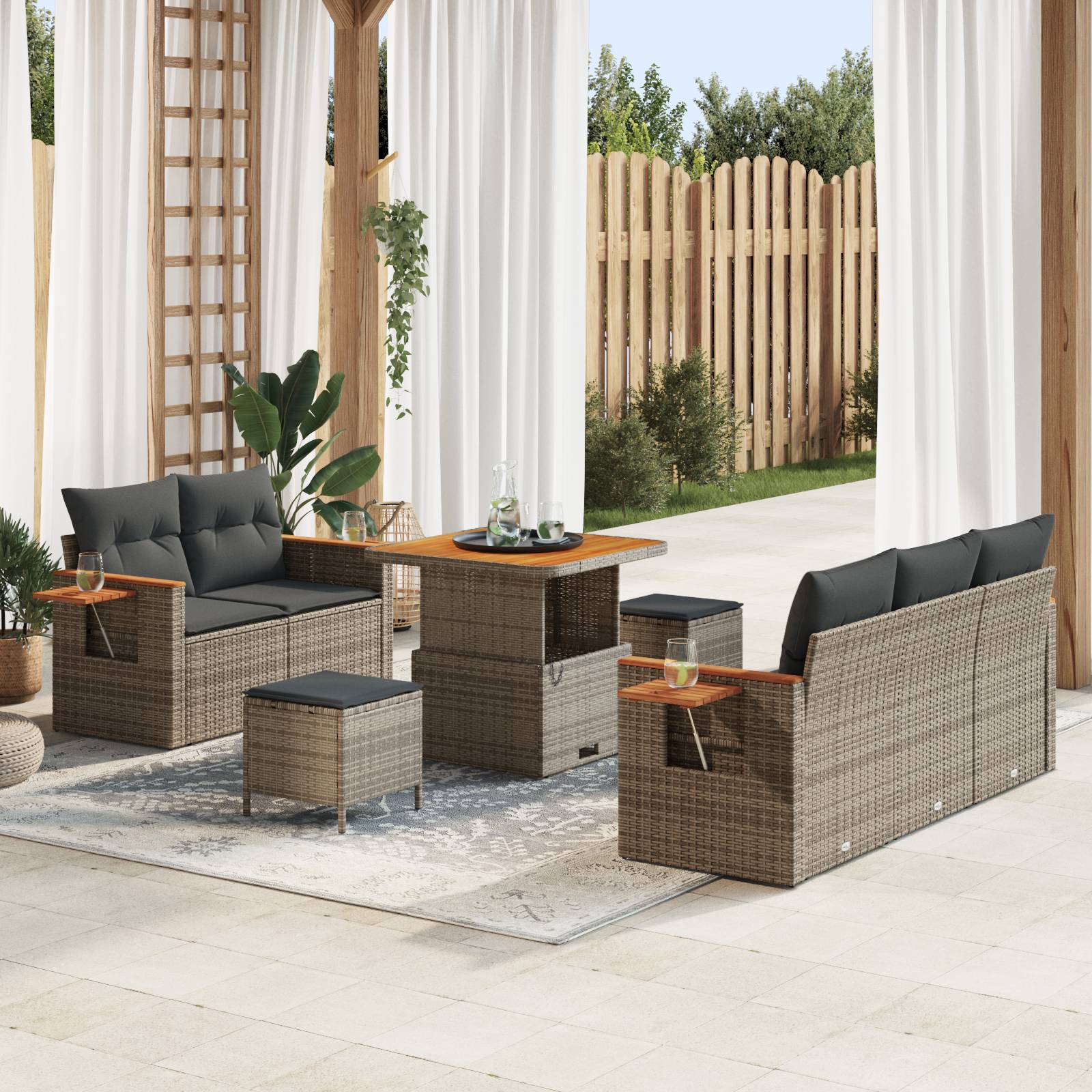 vidaXL 8-teiliges Garten Sofa Set mit Kissen Graues Poly-Rattan Akazie