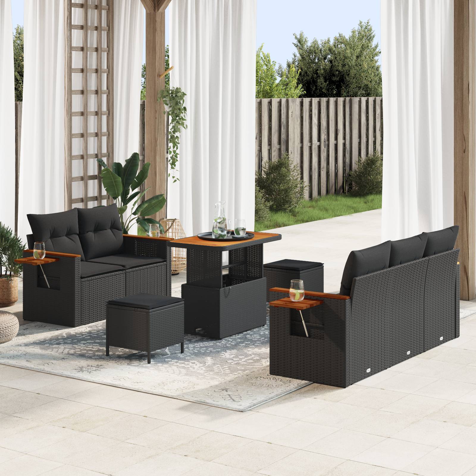 vidaXL 8-Teiliges Garten Sofagarnitur mit Kissen Schwarz Poly Rattan Akazie