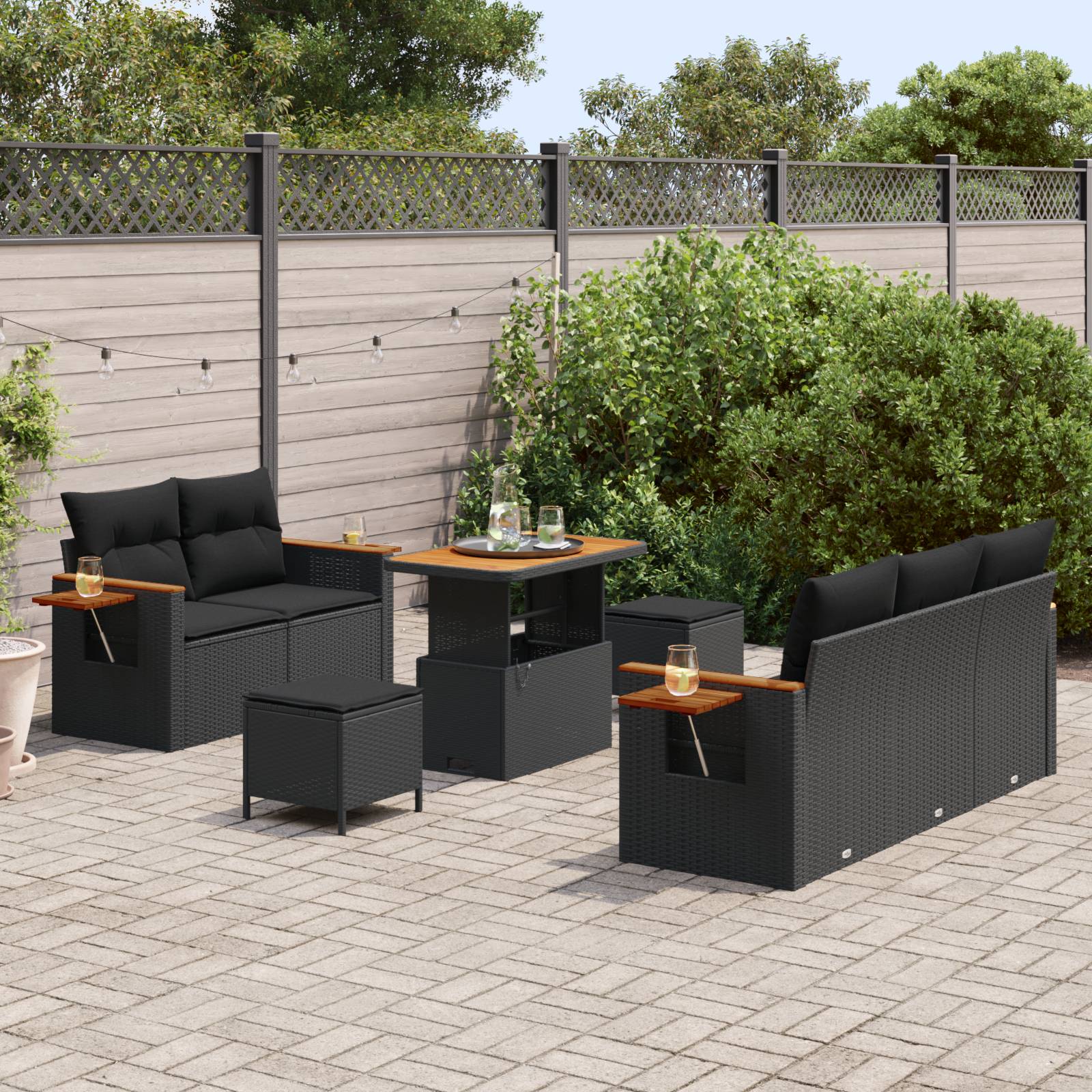 vidaXL 8-Teiliges Garten Sofagarnitur mit Kissen Schwarz Poly Rattan Akazie