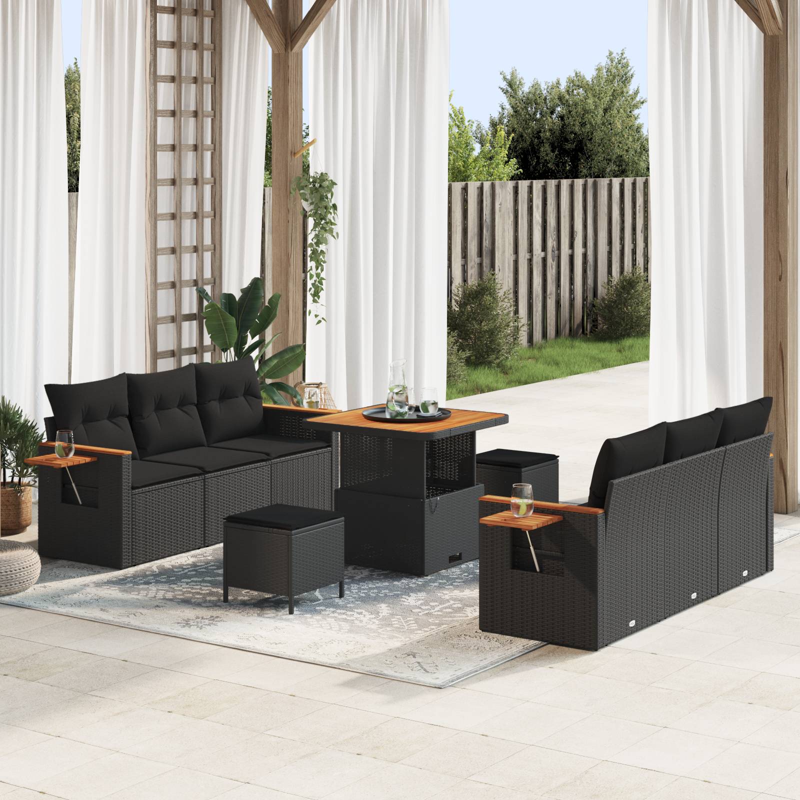 vidaXL 9-teiliges Garten-Sofa-Set mit Kissen, Schwarz, Poly-Rattan, Akazie