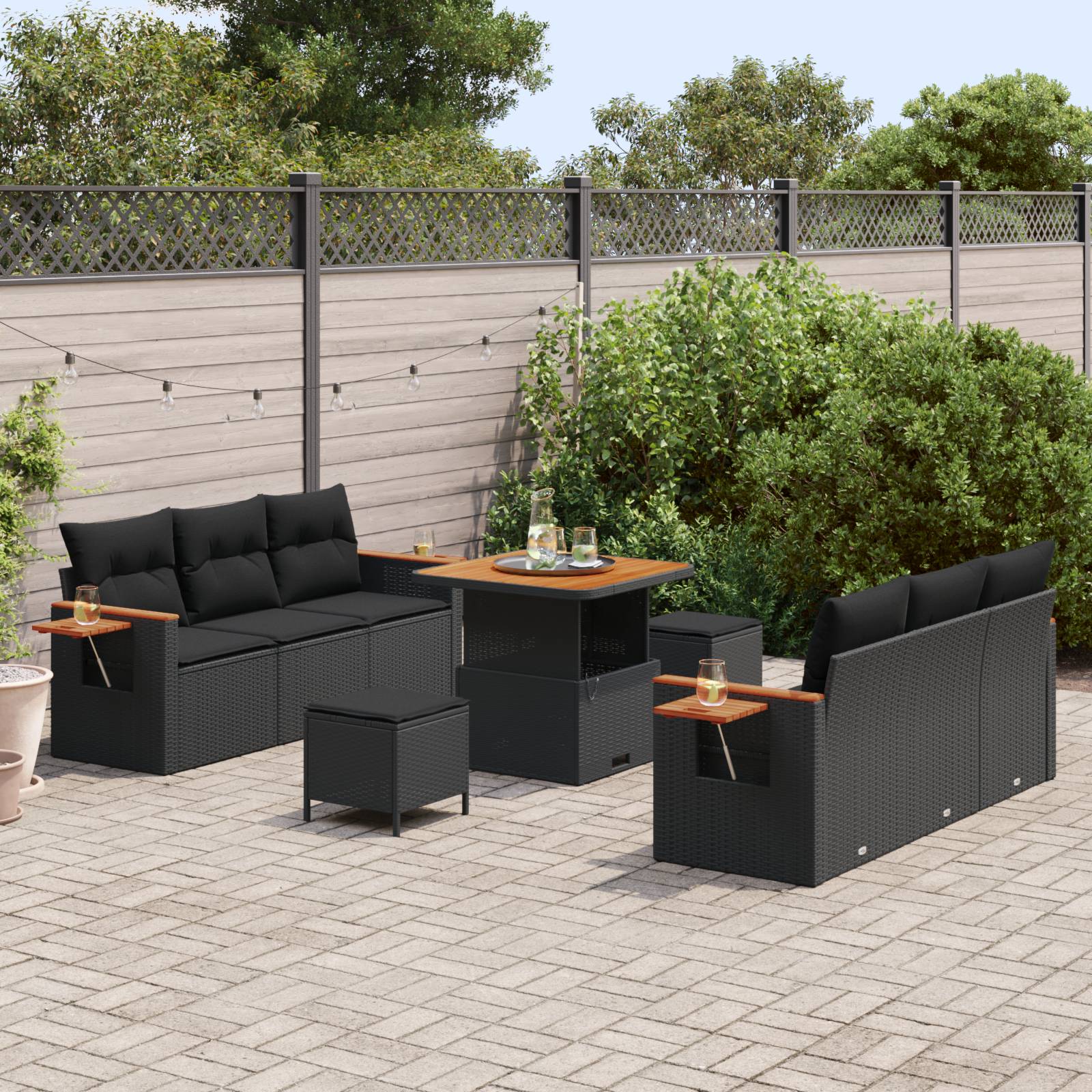 vidaXL 9-teiliges Garten-Sofa-Set mit Kissen, Schwarz, Poly-Rattan, Akazie