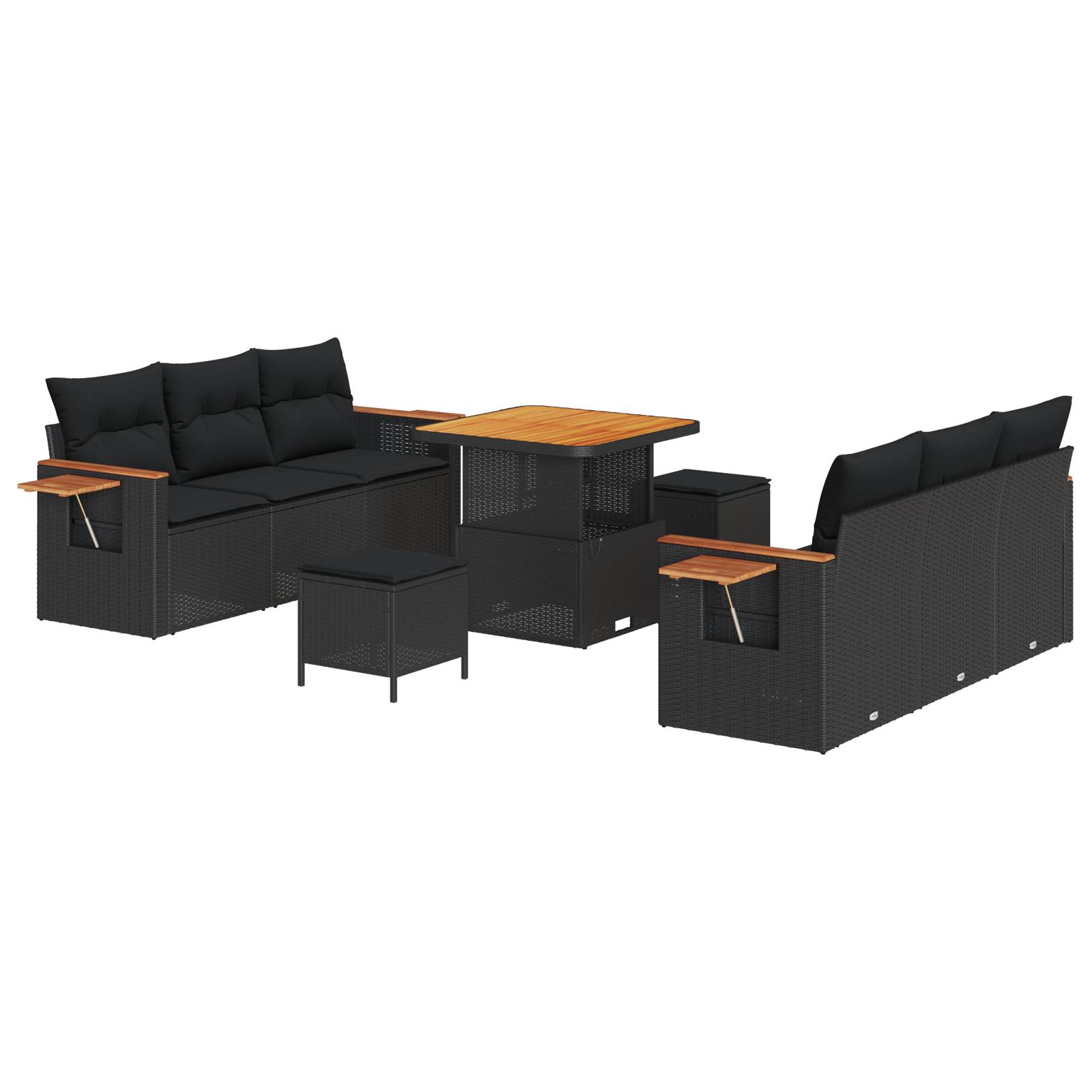 vidaXL 9-teiliges Garten-Sofa-Set mit Kissen, Schwarz, Poly-Rattan, Akazie