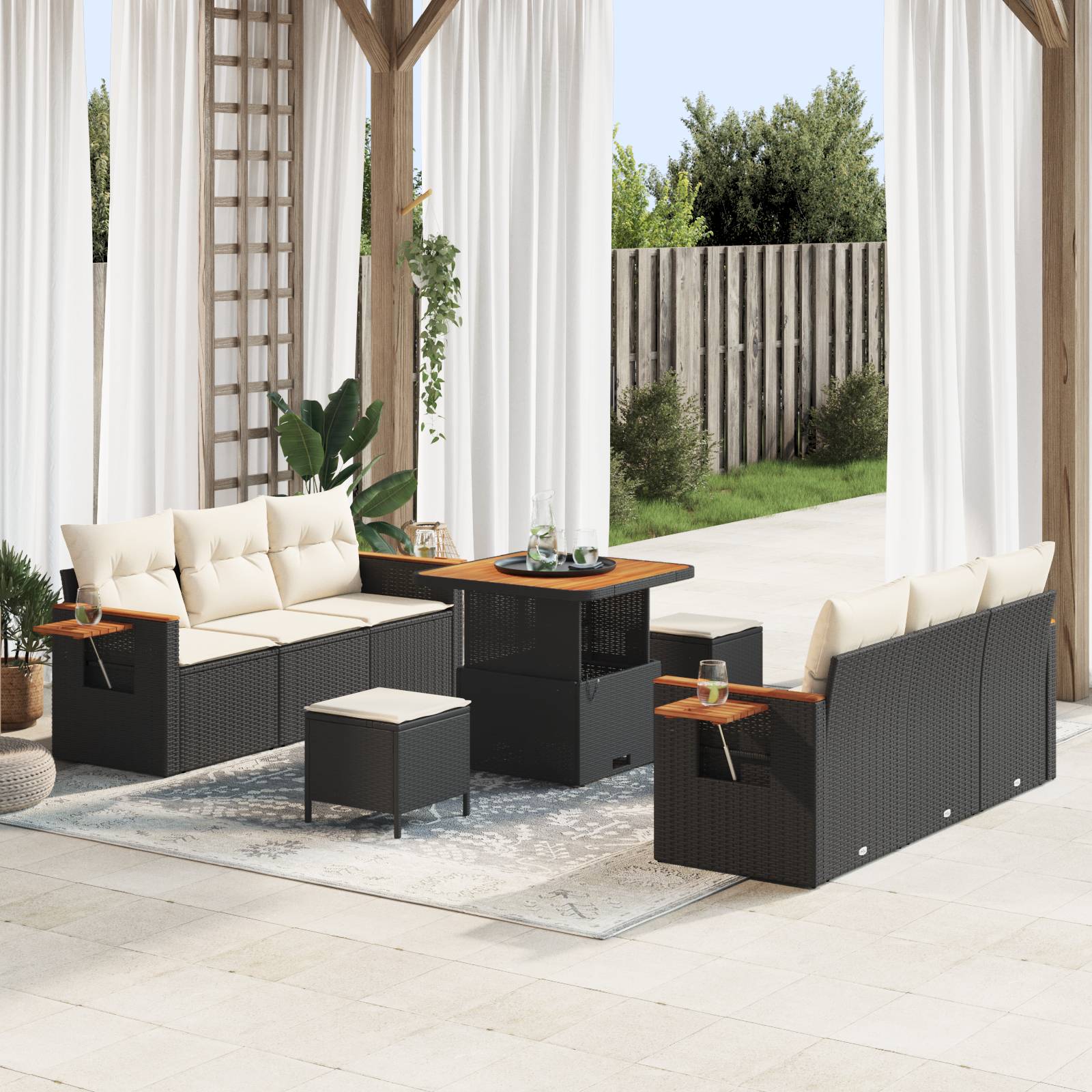vidaXL 9-tlg. Garten-Sofagarnitur mit Kissen Schwarz Poly Rattan