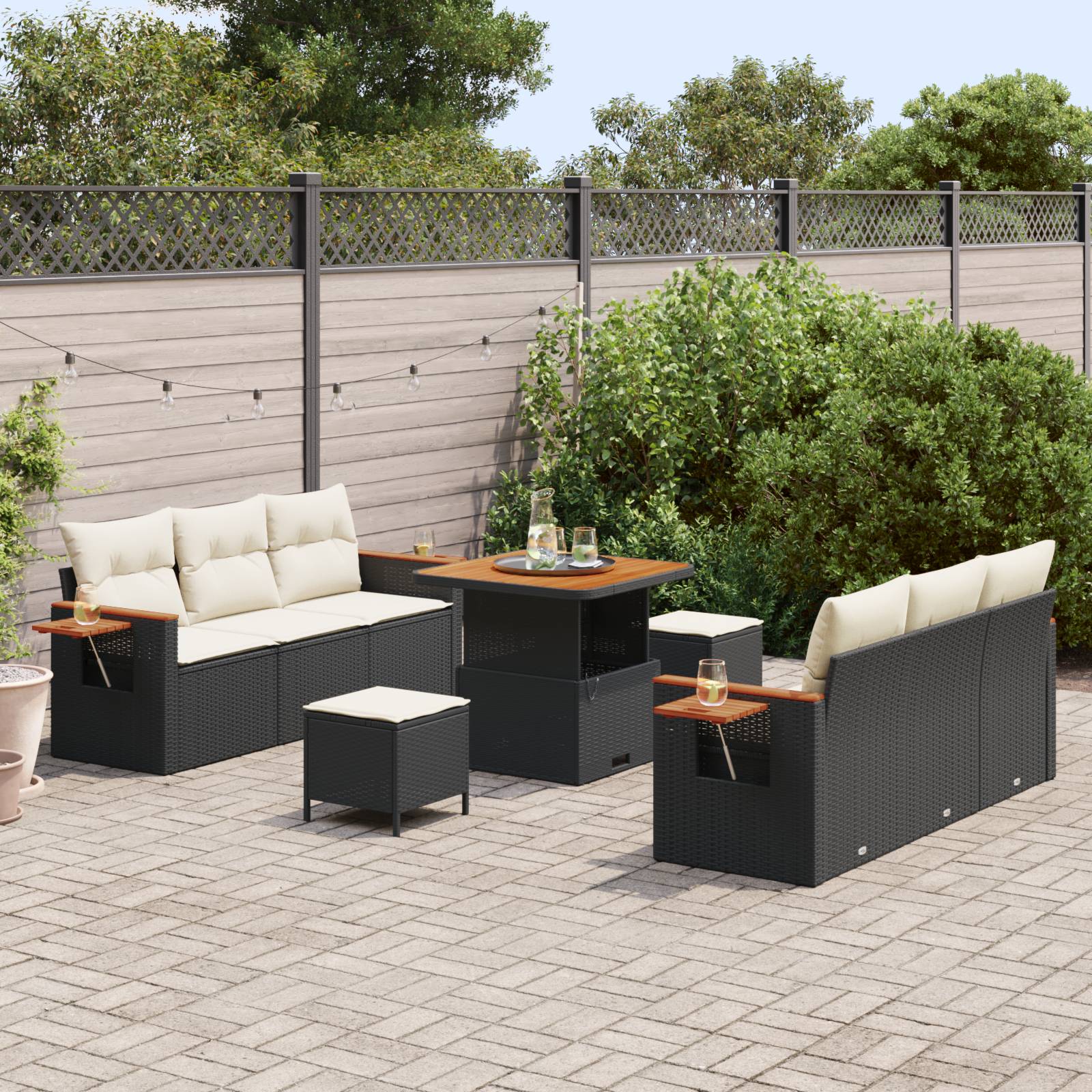 vidaXL 9-tlg. Garten-Sofagarnitur mit Kissen Schwarz Poly Rattan